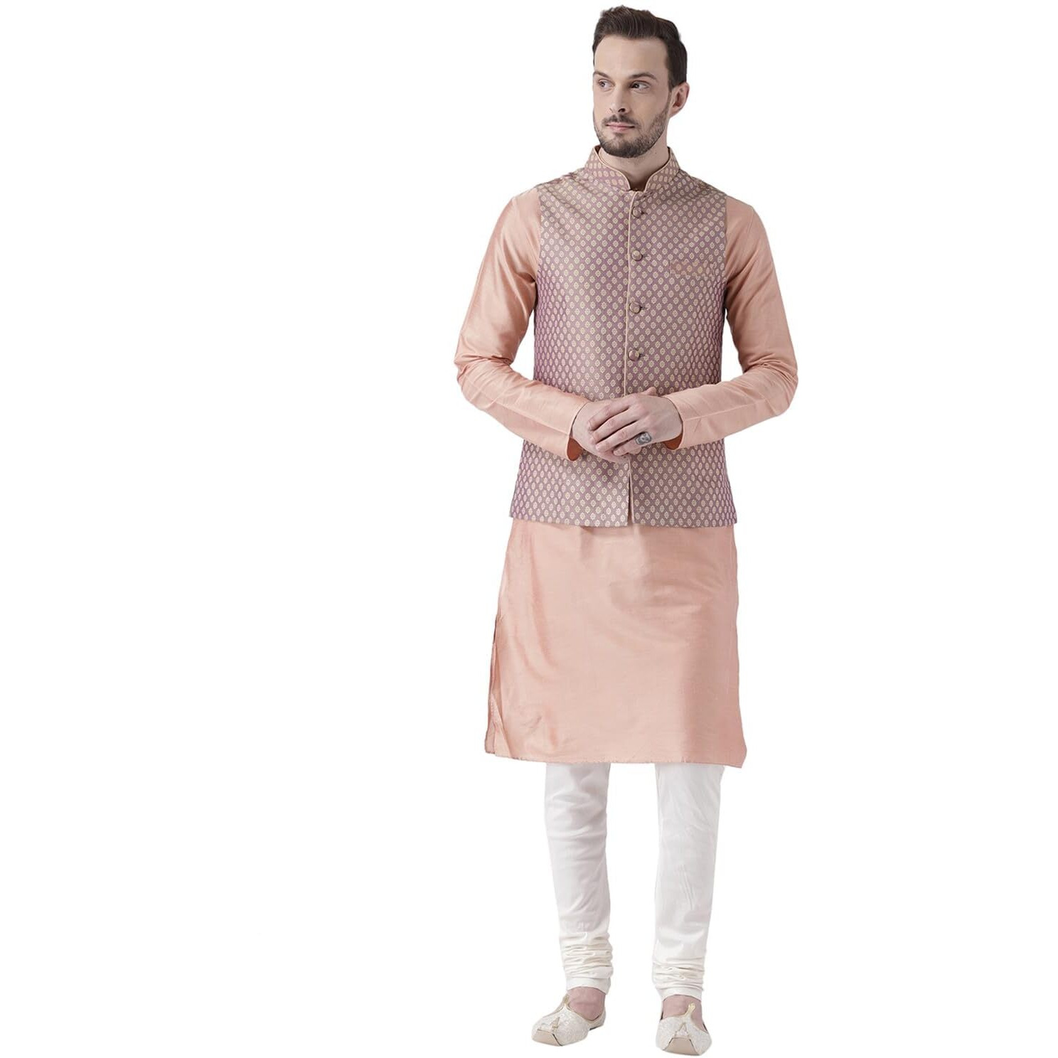 Kisah Kurta Pajama Set For Men With Modi Jacket  Ethnic Kurta For Man | Wedding Dress Set & Traditional Outfit, Peach Mauve, 42