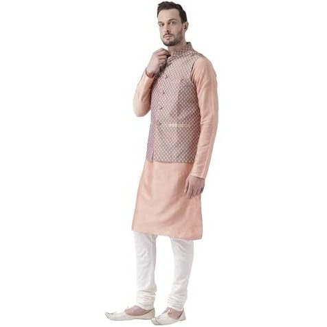 Kisah Kurta Pajama Set For Men With Modi Jacket  Ethnic Kurta For Man | Wedding Dress Set & Traditional Outfit, Peach Mauve, 42