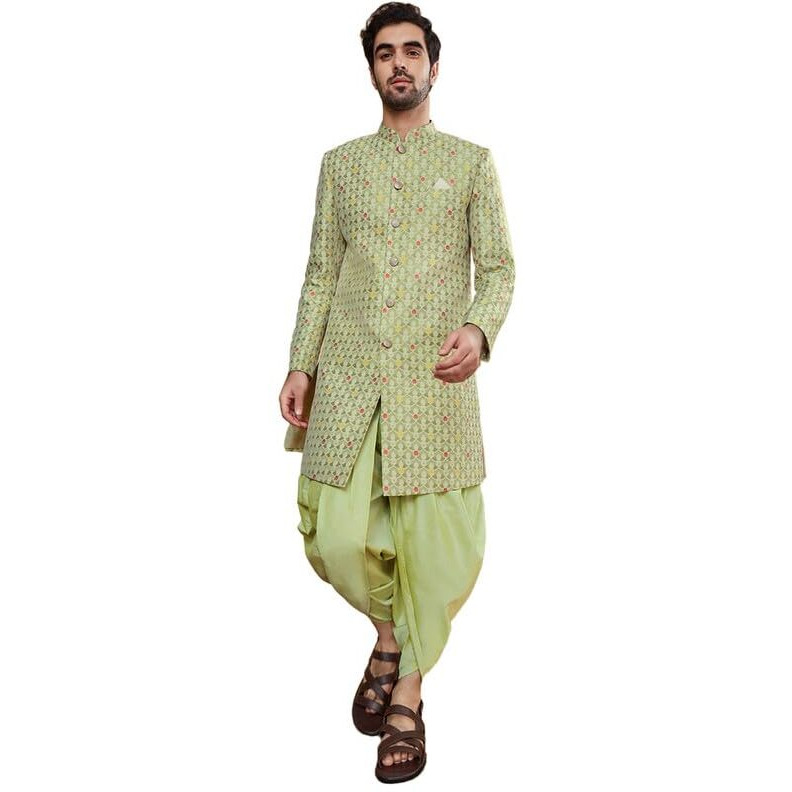 Kisah Men's Kurta Sherwani Dhoti Set Indo-Western, Green Silk Blend, Woven Design Regular Fit Mandarin Collar Long Sleeves (38)