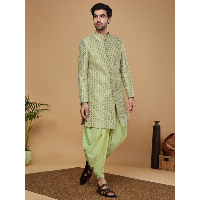 Kisah Men's Kurta Sherwani Dhoti Set Indo-Western, Green Silk Blend, Woven Design Regular Fit Mandarin Collar Long Sleeves (38)