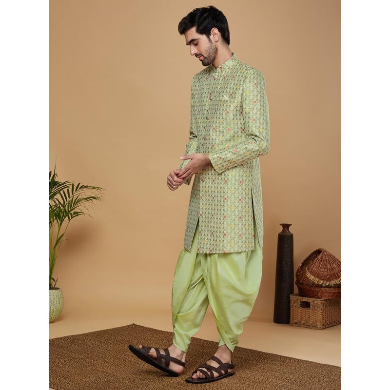 Kisah Men's Kurta Sherwani Dhoti Set Indo-Western, Green Silk Blend, Woven Design Regular Fit Mandarin Collar Long Sleeves (38)