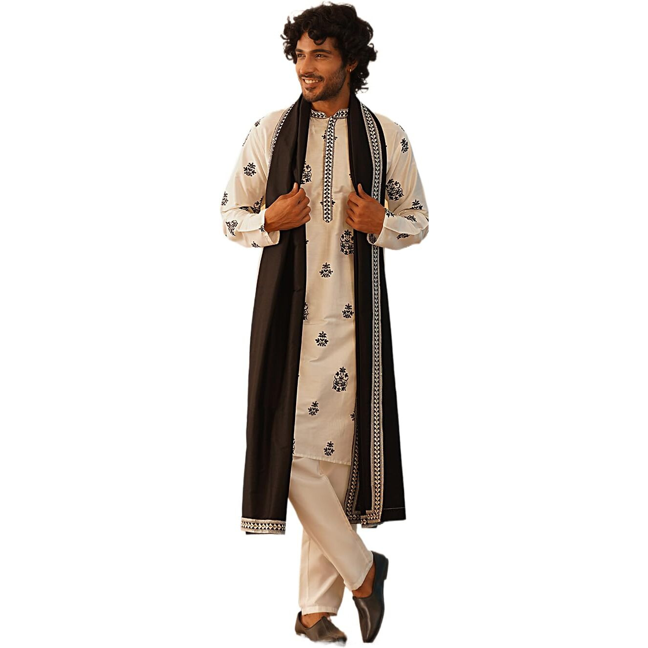 Jompers Men's White Embroidered & Sequin Kurta Pyjama With Dupatta (White, M)