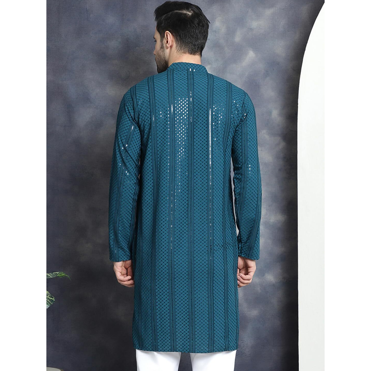 Jompers Men's Sequins Chikankari Embroidered Kurtas (Peacock, L)