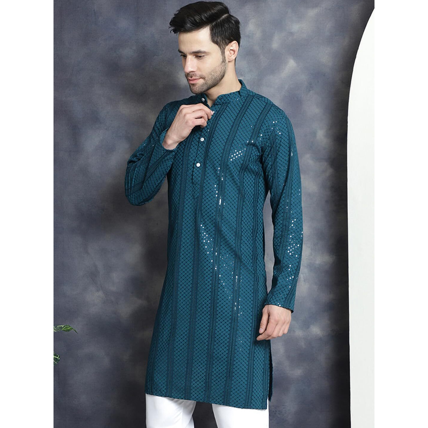 Jompers Men's Sequins Chikankari Embroidered Kurtas (Peacock, L)