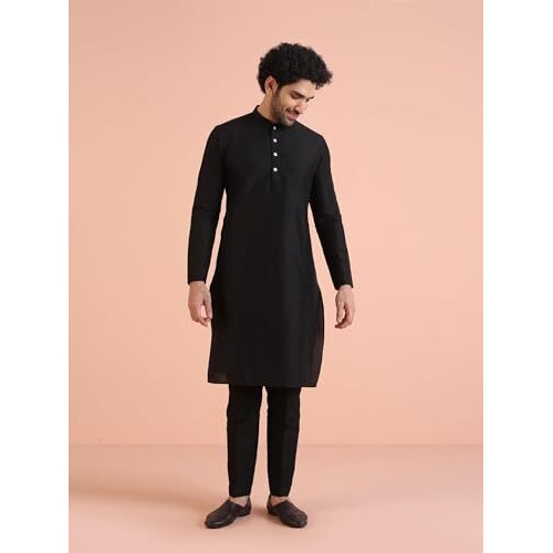 Kisah Men's Cotton Blend Full Sleeves Regular Fit Printed Pure Black Kurta Jacket Trousers Set, 36