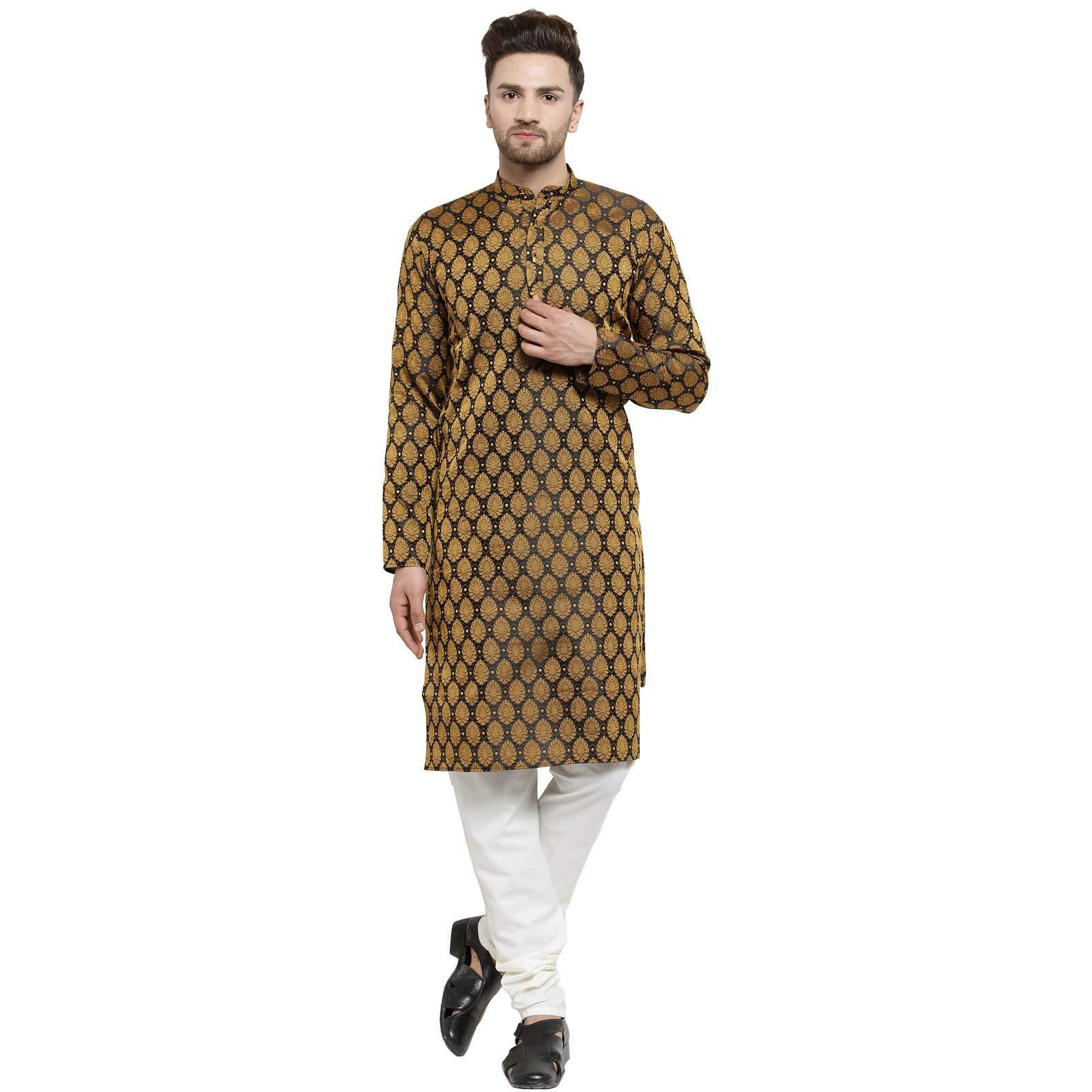 Jompers Men's Jacquard Silk Kurta And Pyjama(Black,M)