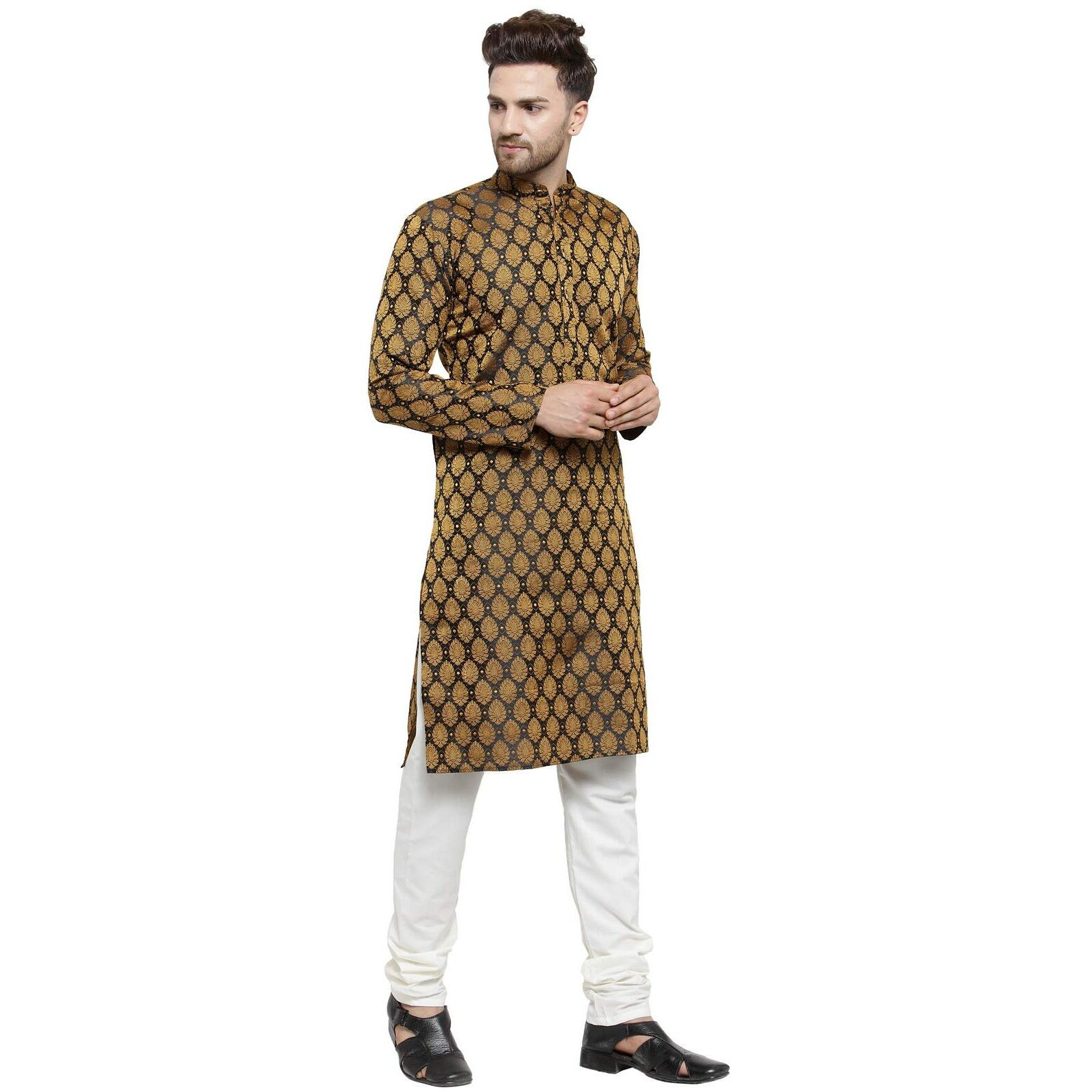Jompers Men's Jacquard Silk Kurta And Pyjama(Black,M)