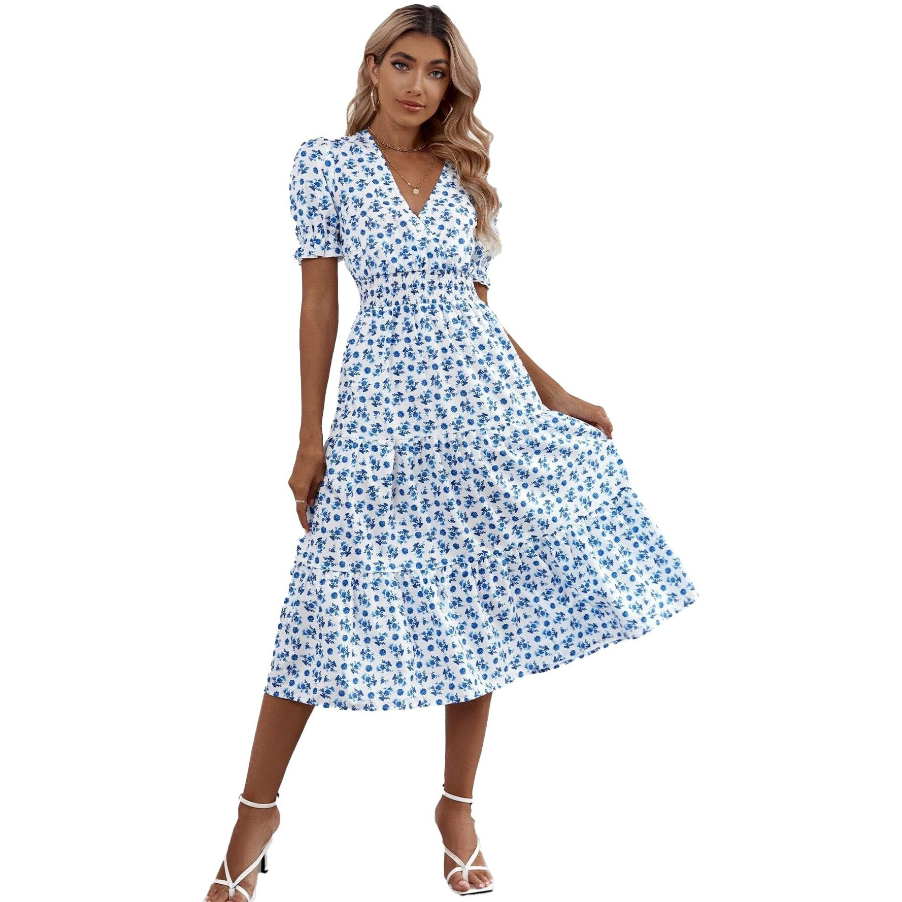 Kotty Women's Fit And Flare Printed Dress Off White Blue