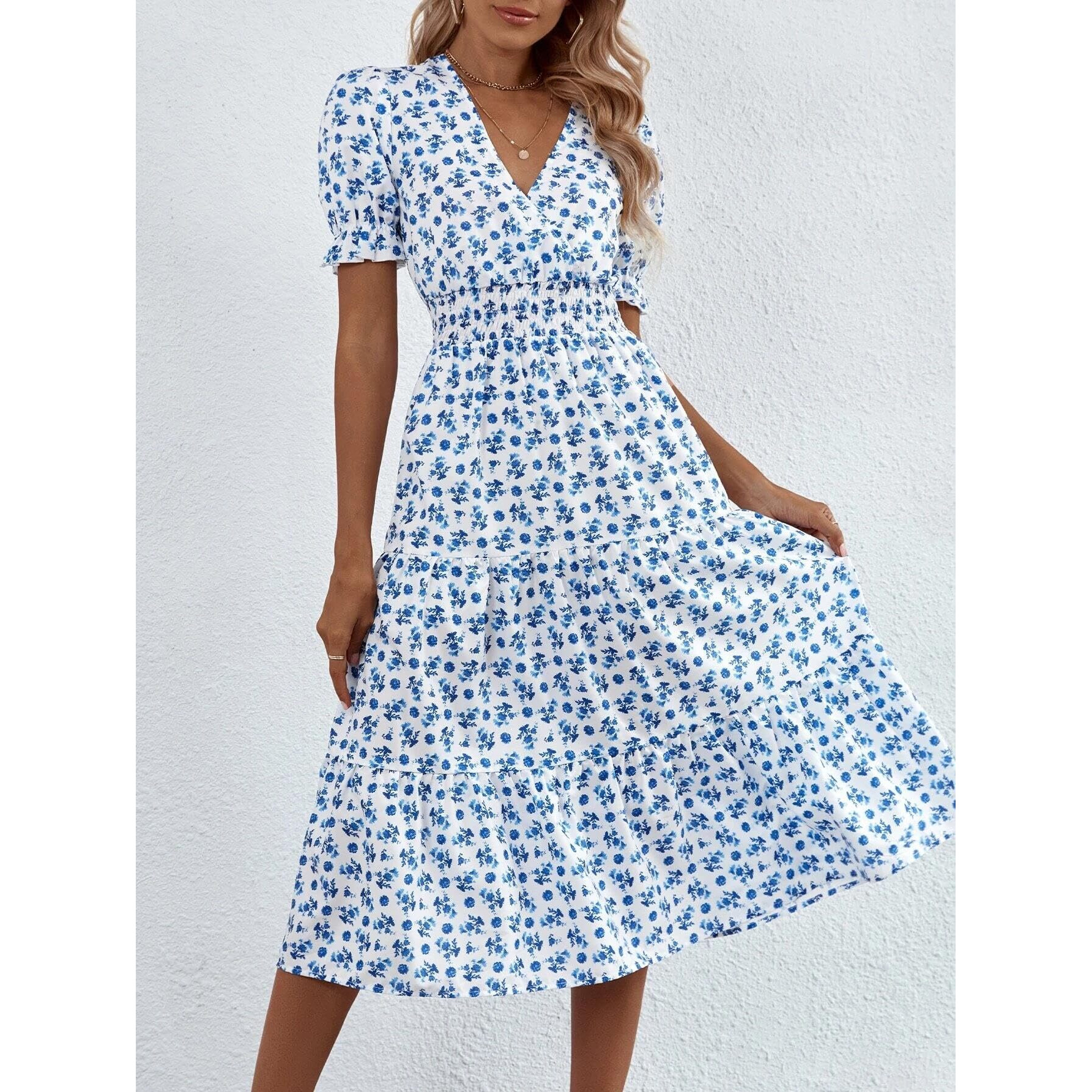 Kotty Women's Fit And Flare Printed Dress Off White Blue