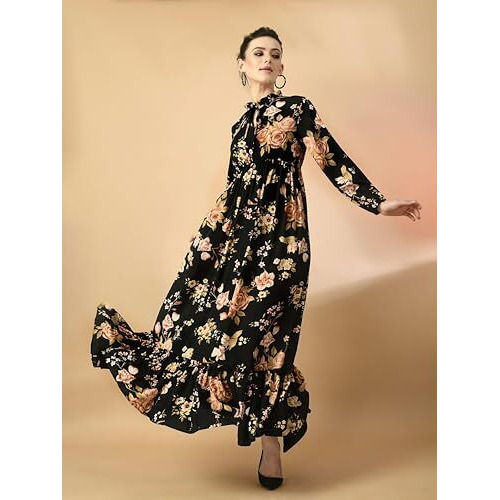 Kzully Women's Crepe A-Line Maxi Dress (8001-Gold-Flower-Black-S_Gold