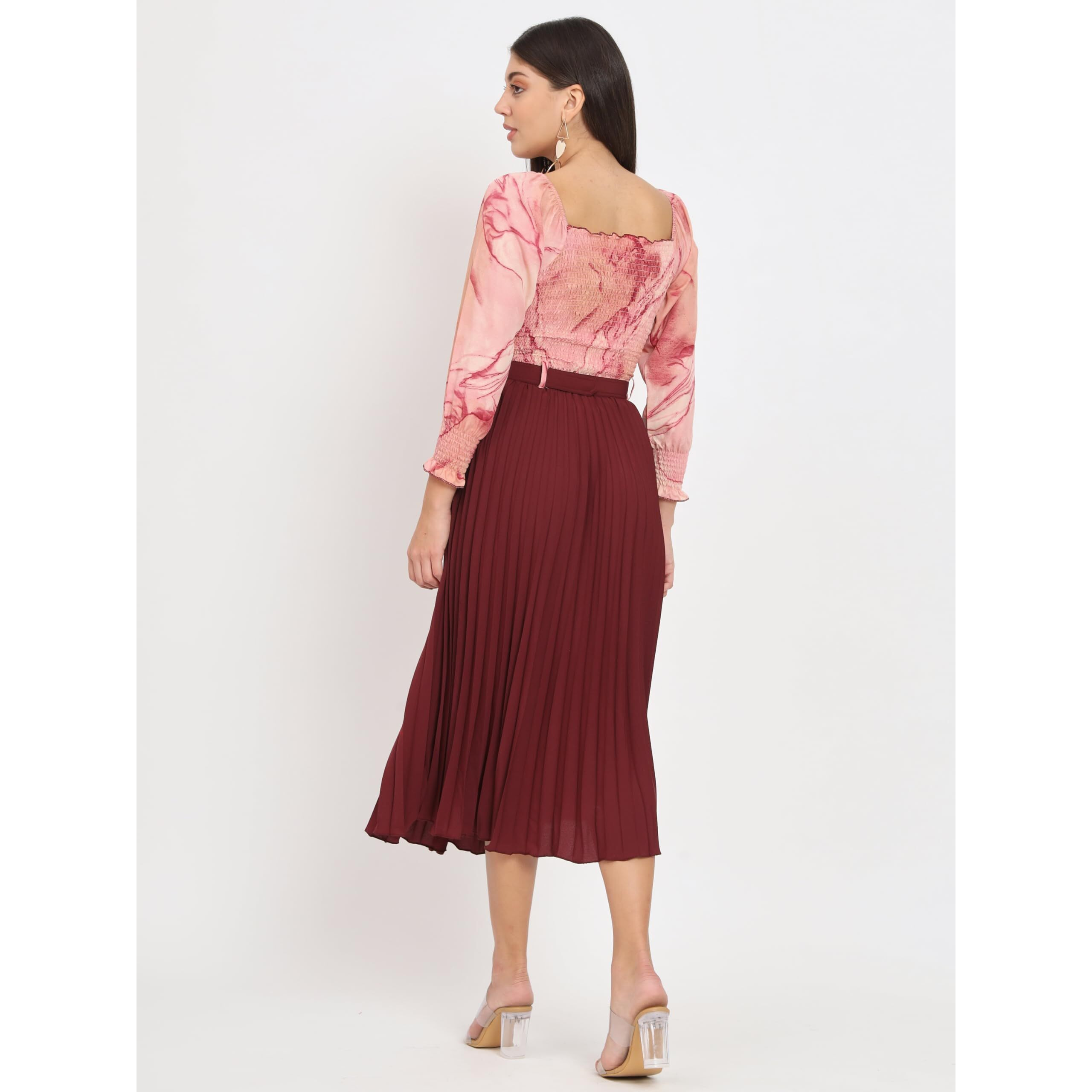 Kzully Women's Knee-Length A-Line Dress With Pleats, Has An Square Neck, Printed Top Comes With A Belt Maroon
