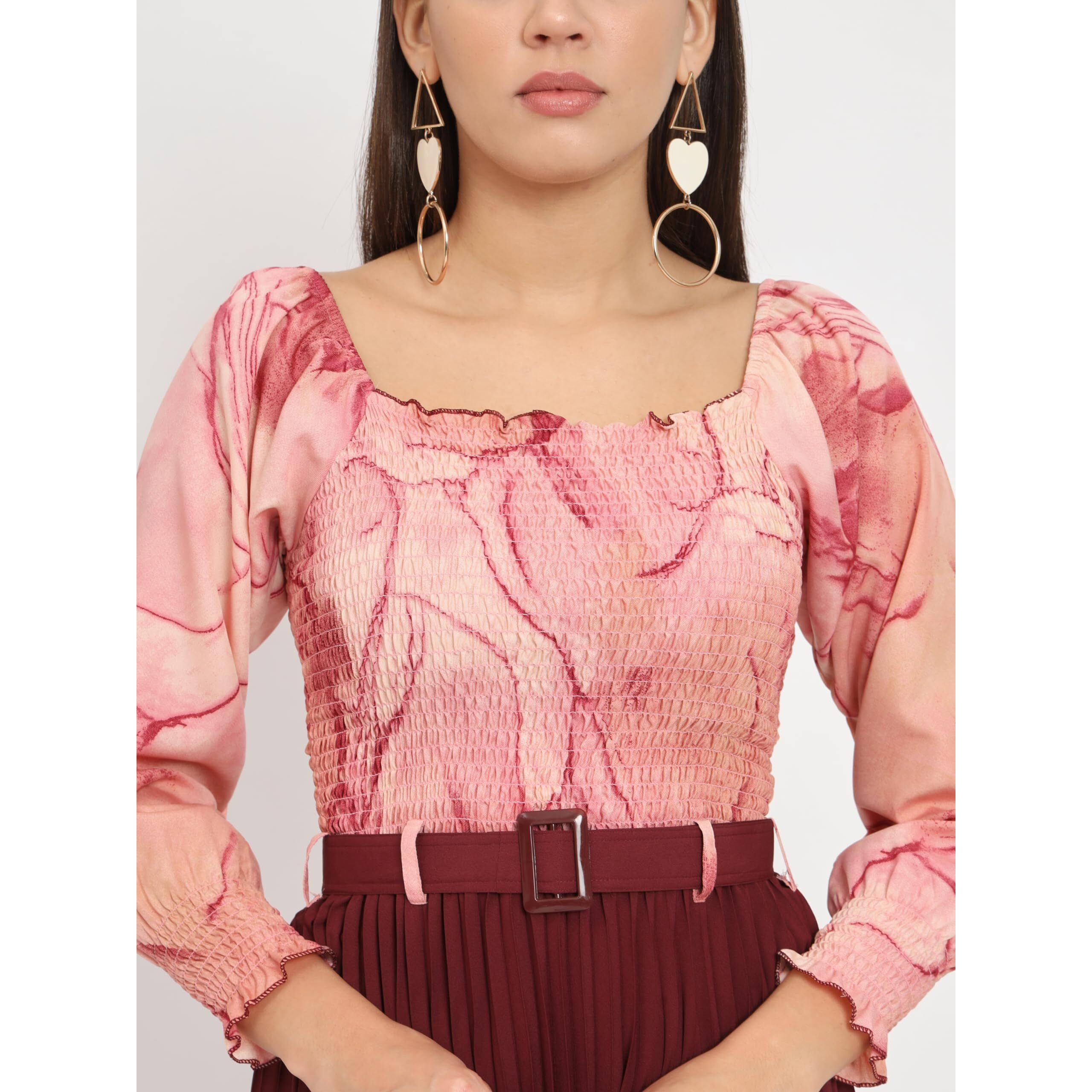 Kzully Women's Knee-Length A-Line Dress With Pleats, Has An Square Neck, Printed Top Comes With A Belt Maroon