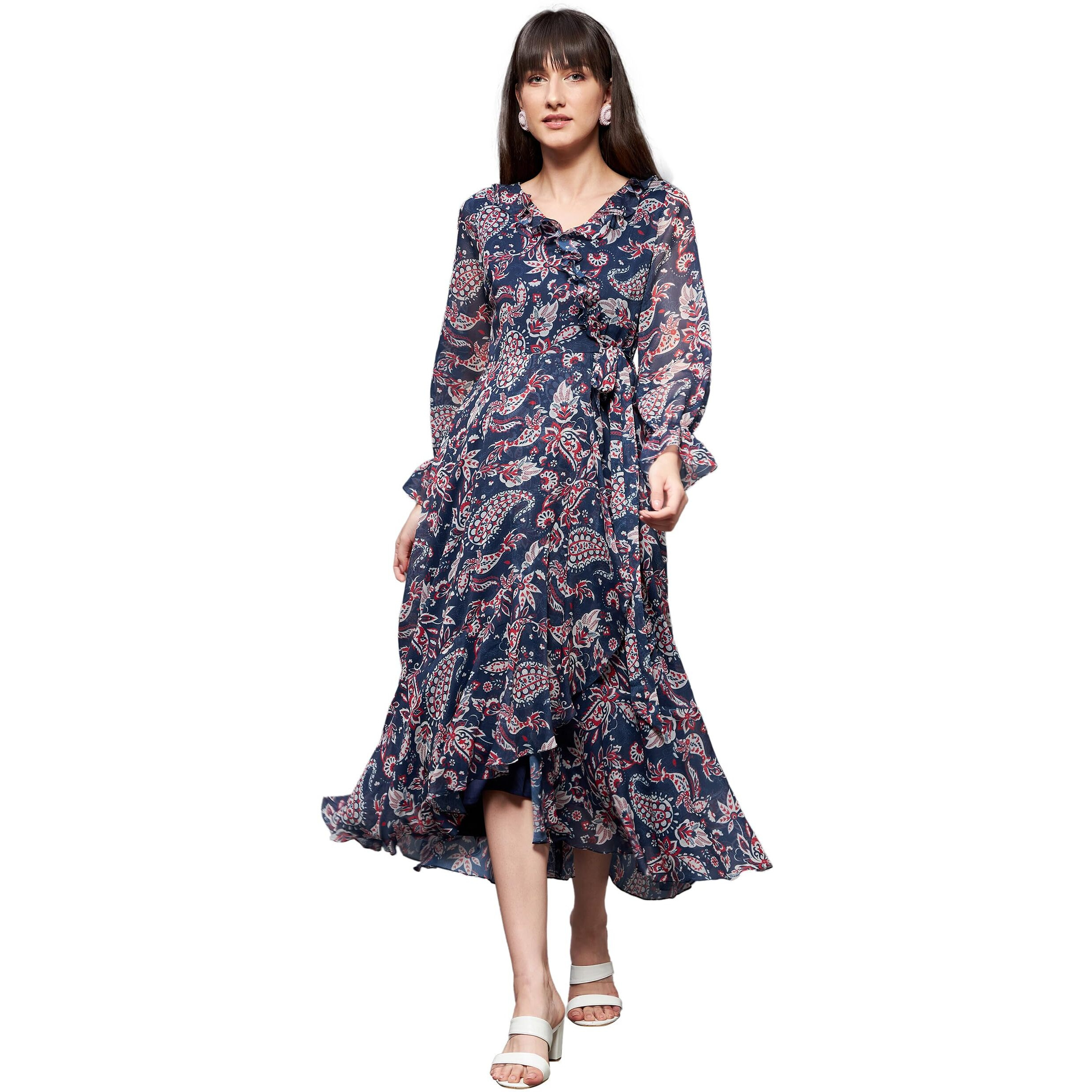 Miss Chase Women's V-Neck Full Sleeves Relaxed Fit Midi Length Dress With Pockets (Mcss22D16-10-178-05, Multicolored-Base-Navy Blue, L)