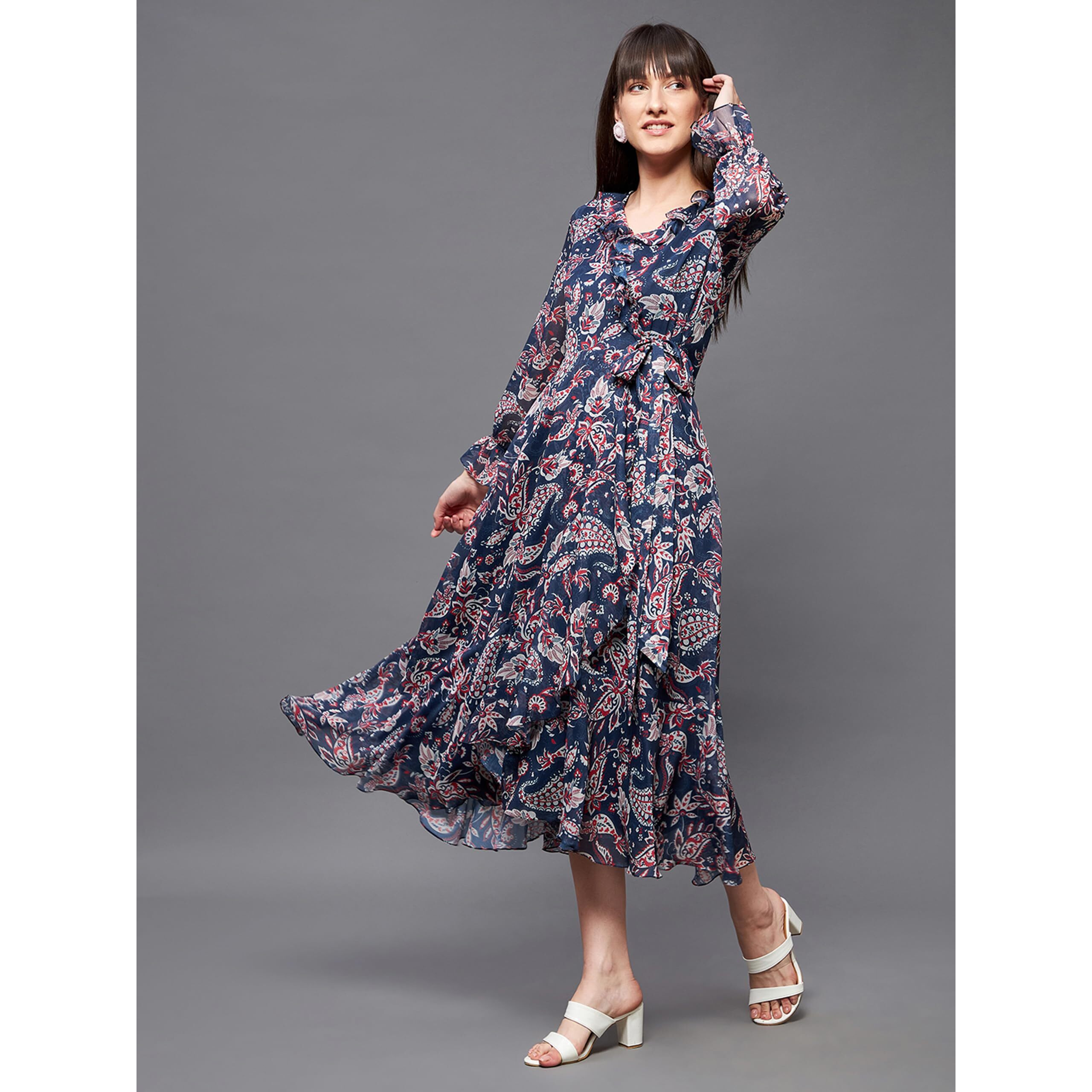 Miss Chase Women's V-Neck Full Sleeves Relaxed Fit Midi Length Dress With Pockets (Mcss22D16-10-178-05, Multicolored-Base-Navy Blue, L)