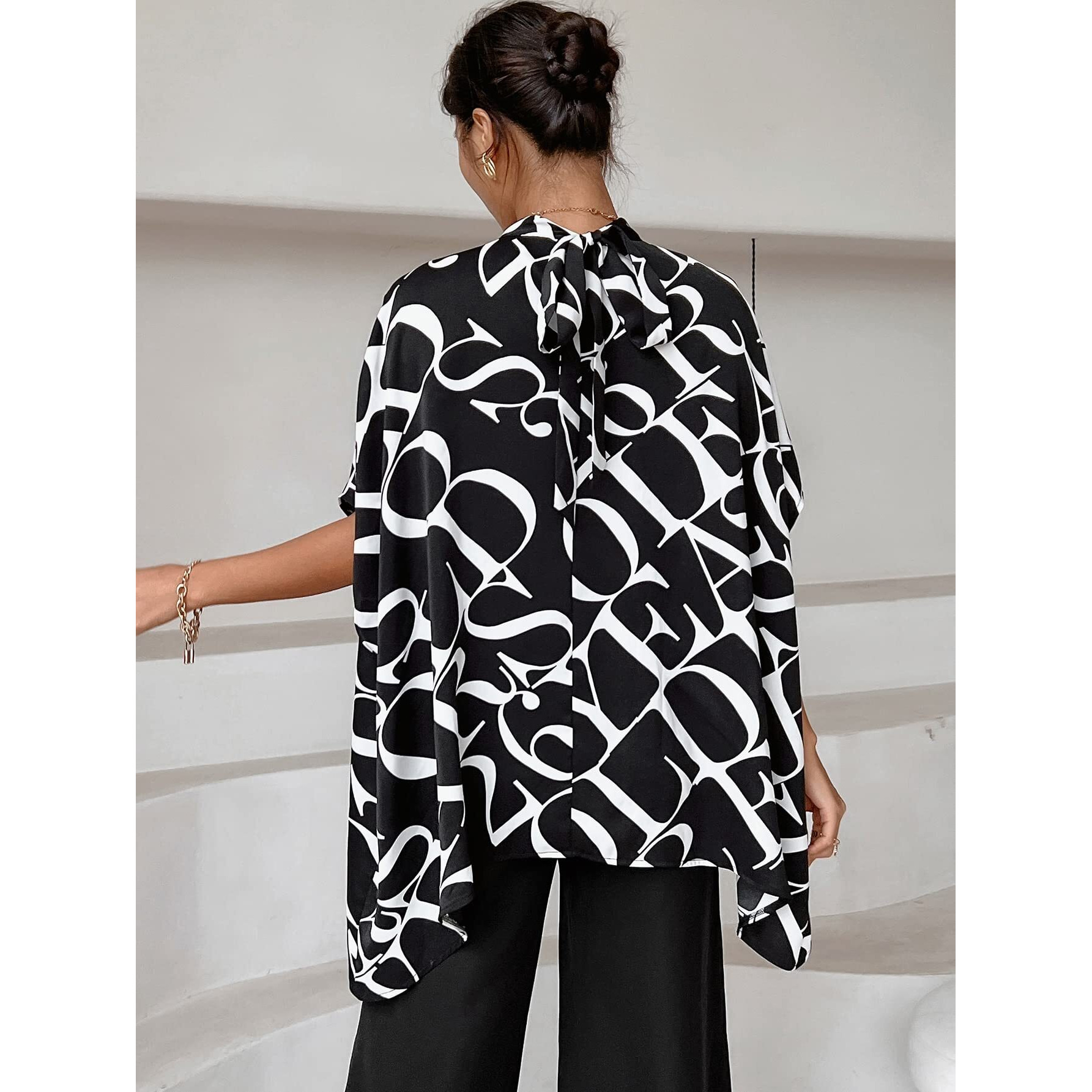 Leriya Fashion Letter Graphic Tie Back Dolman Sleeve Western Dress For Women || Dresses For Women || Western Dresses For Women || Dress For Women (Large, Black)