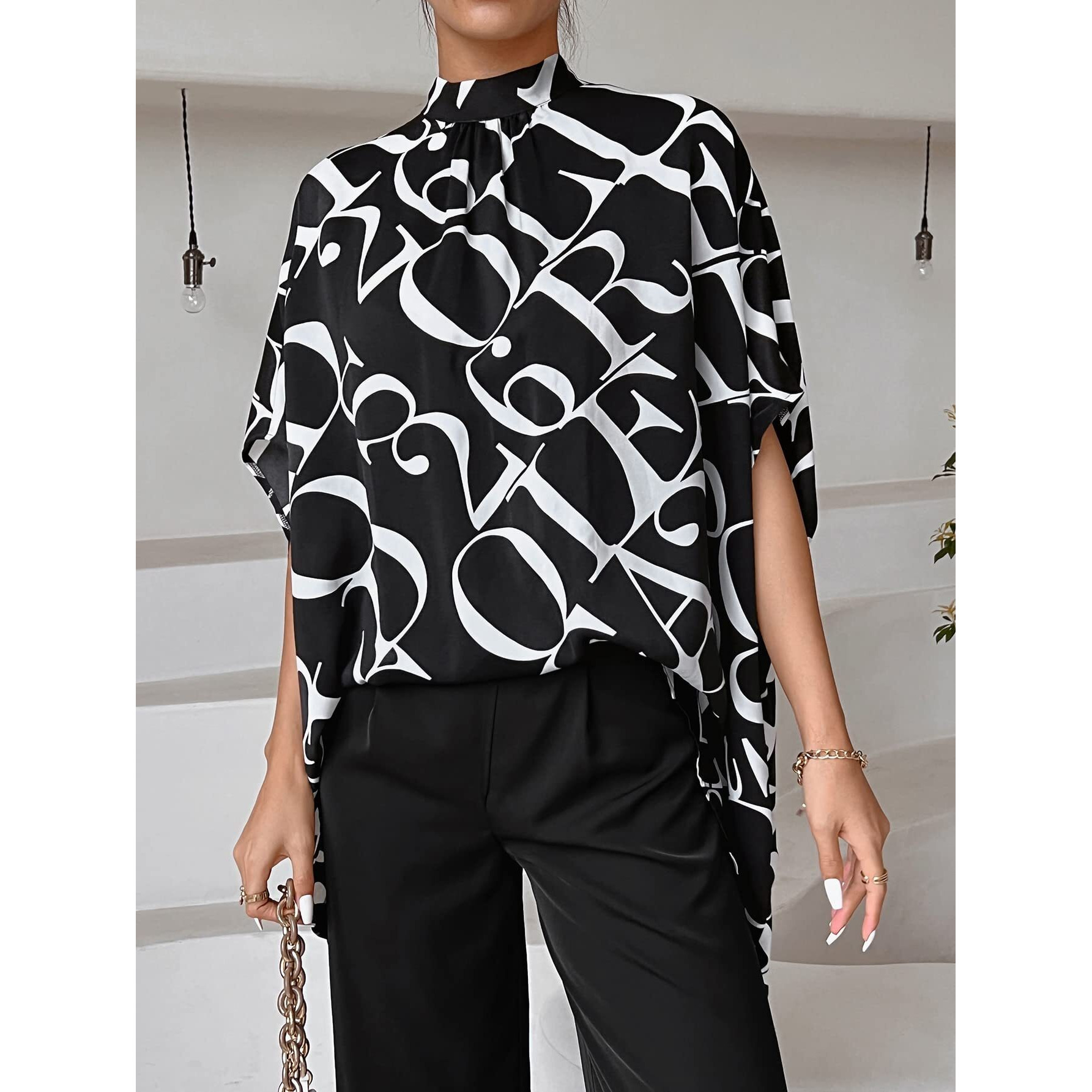 Leriya Fashion Letter Graphic Tie Back Dolman Sleeve Western Dress For Women || Dresses For Women || Western Dresses For Women || Dress For Women (Large, Black)