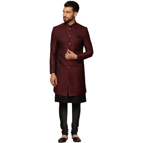 Kisah Mens Kurta Sherwani Churidar Set Silk Blend Jacquard, Indo-Western Ethnic Wear For Men, Maroon, 40
