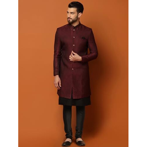 Kisah Mens Kurta Sherwani Churidar Set Silk Blend Jacquard, Indo-Western Ethnic Wear For Men, Maroon, 40