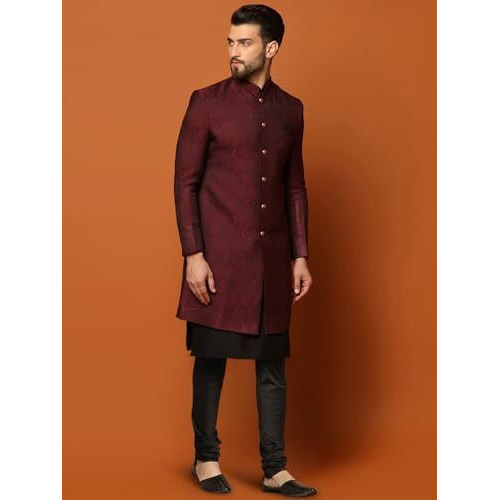 Kisah Mens Kurta Sherwani Churidar Set Silk Blend Jacquard, Indo-Western Ethnic Wear For Men, Maroon, 40