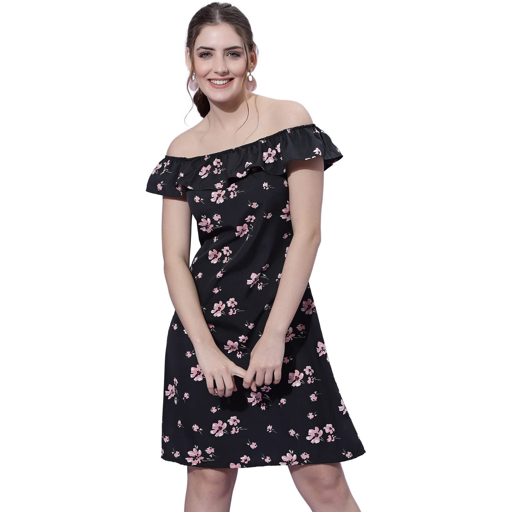 Oomph Women's Western & Fusion Wear Mini/Short A-Line Black Dress In Crepe Fabric With Off Shoulder And Off Shoulder Sleeve - Md495Xl