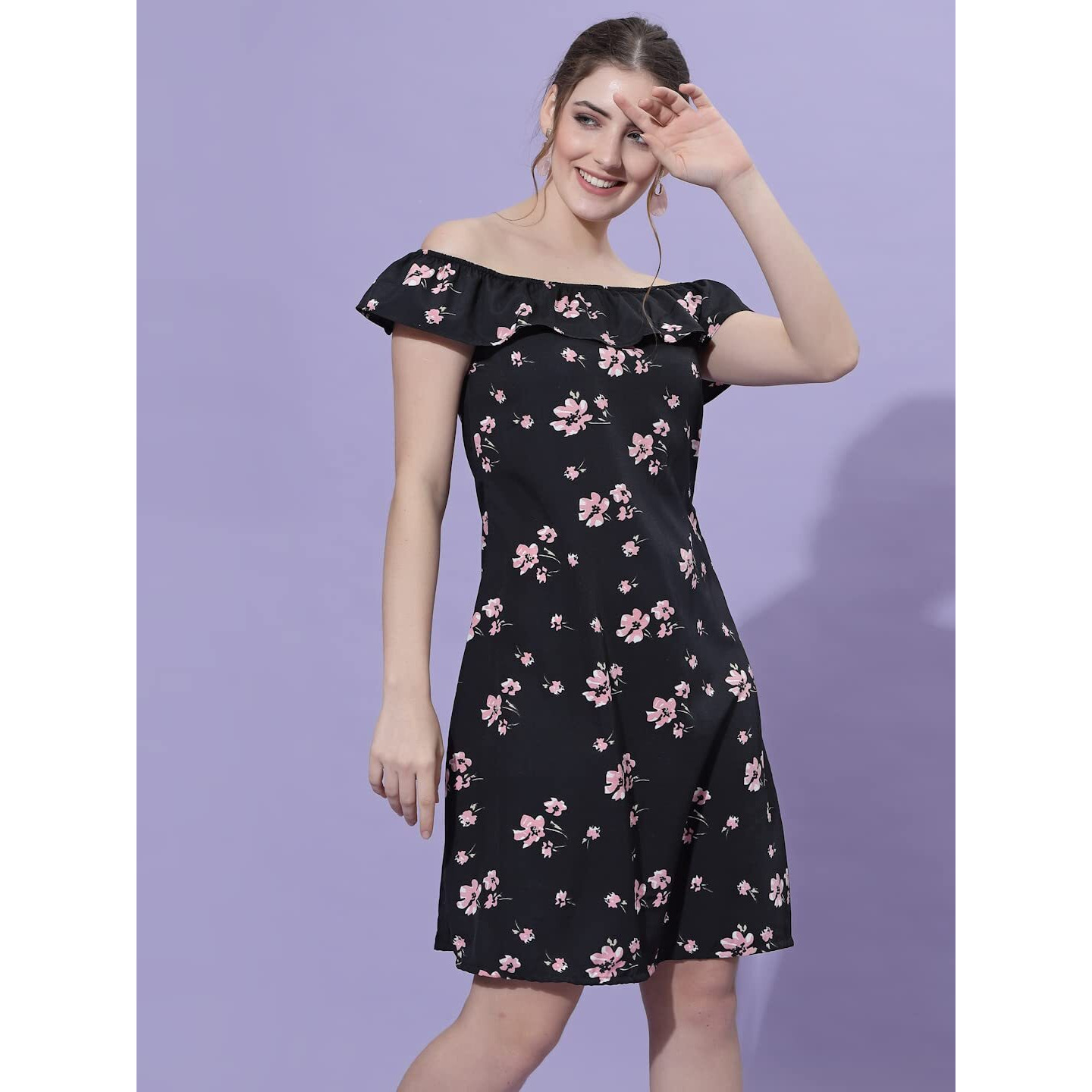 Oomph Women's Western & Fusion Wear Mini/Short A-Line Black Dress In Crepe Fabric With Off Shoulder And Off Shoulder Sleeve - Md495Xl