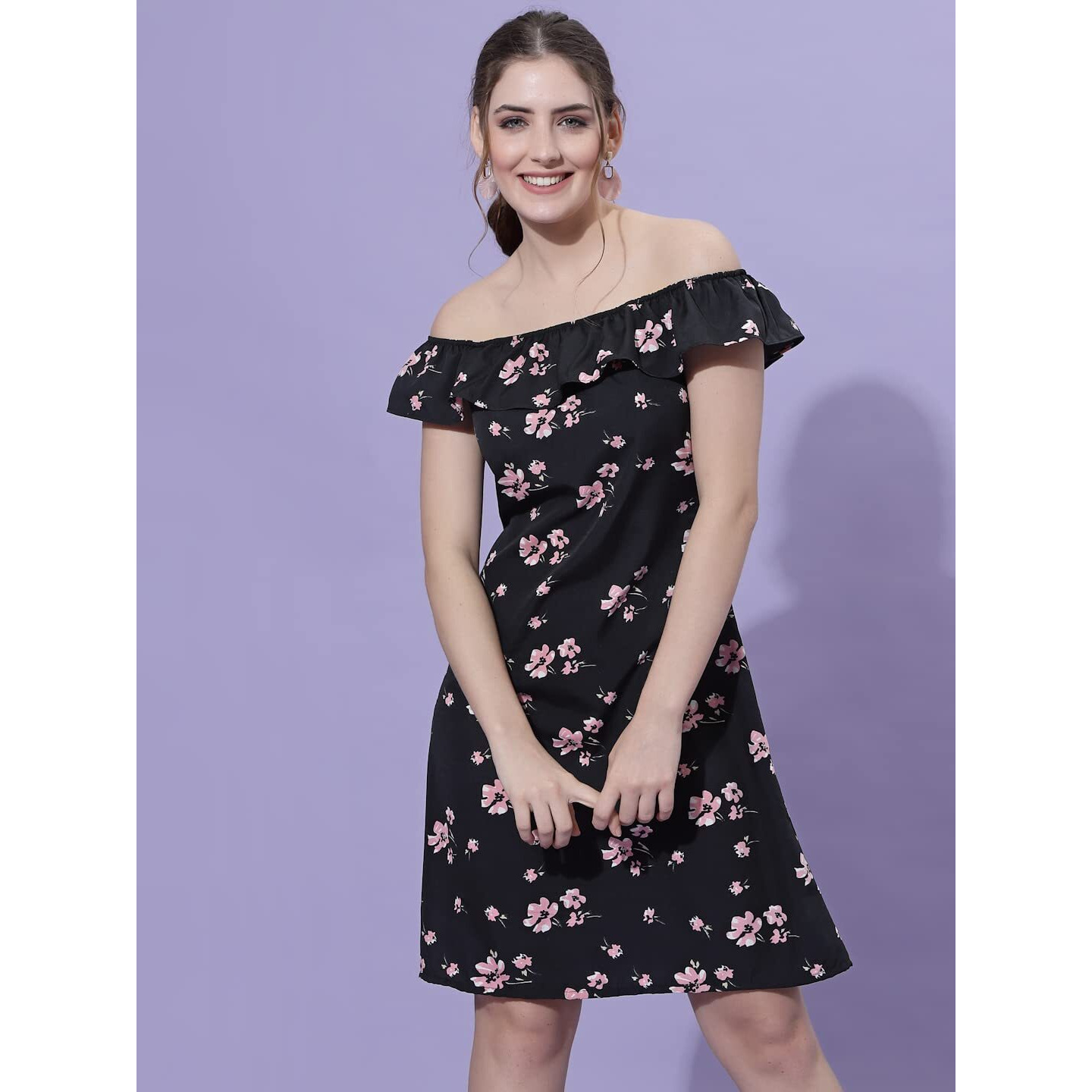 Oomph Women's Western & Fusion Wear Mini/Short A-Line Black Dress In Crepe Fabric With Off Shoulder And Off Shoulder Sleeve - Md495Xl