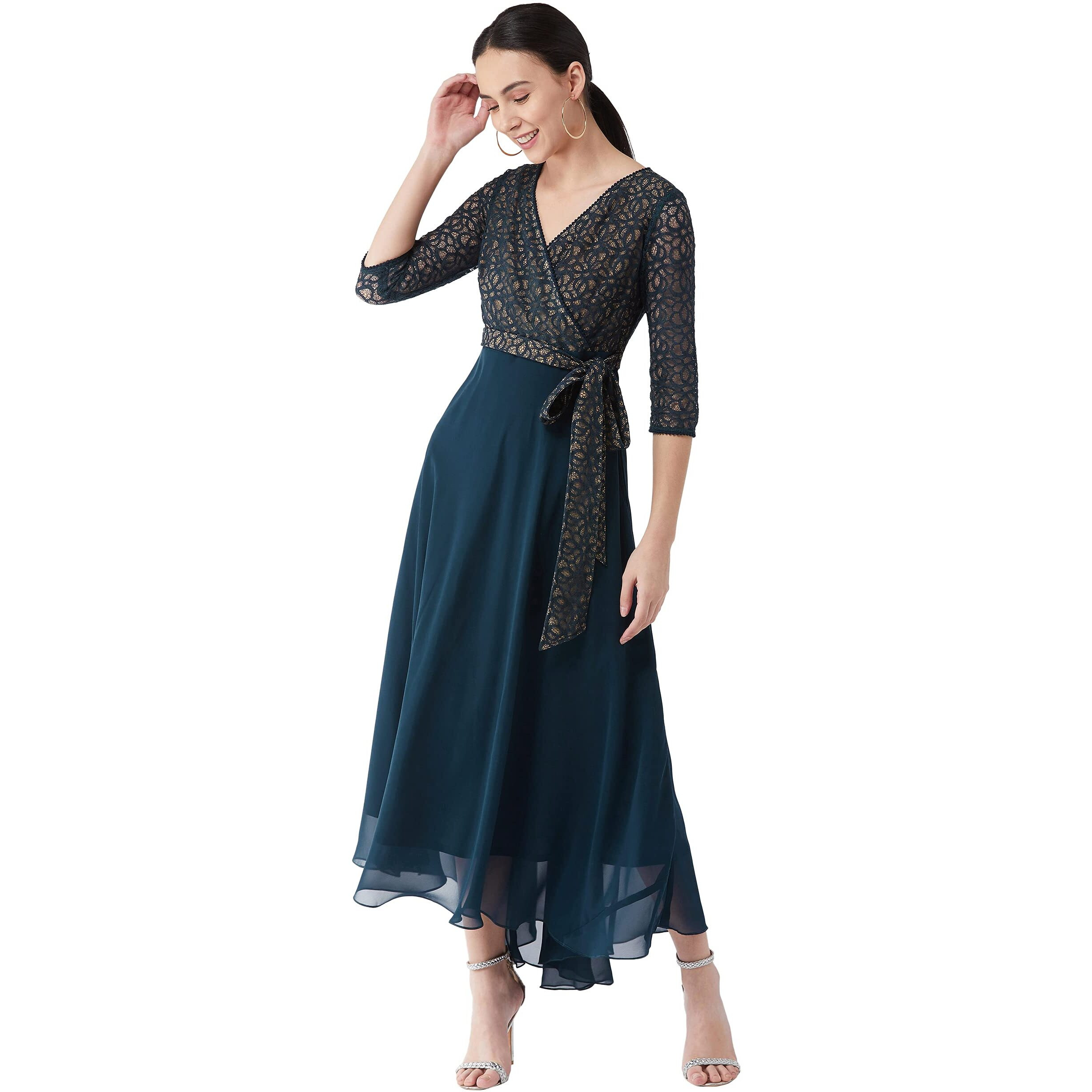 Miss Chase Women's Floral Printed Relaxed Fit V-Neck 3/4Th Sleeve Maxi Dress (Mcss21D14-67-83-03, Teal, S)