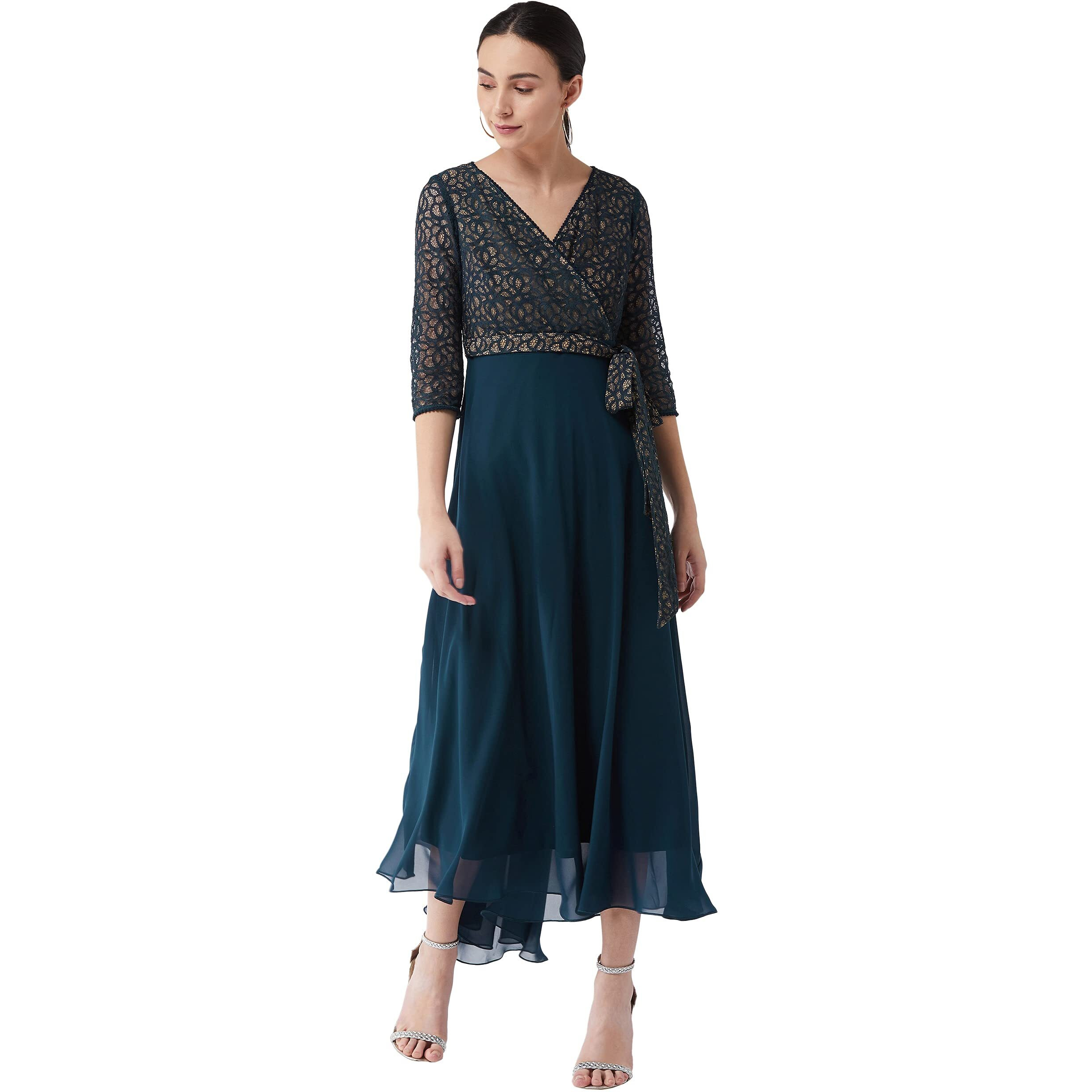 Miss Chase Women's Floral Printed Relaxed Fit V-Neck 3/4Th Sleeve Maxi Dress (Mcss21D14-67-83-03, Teal, S)