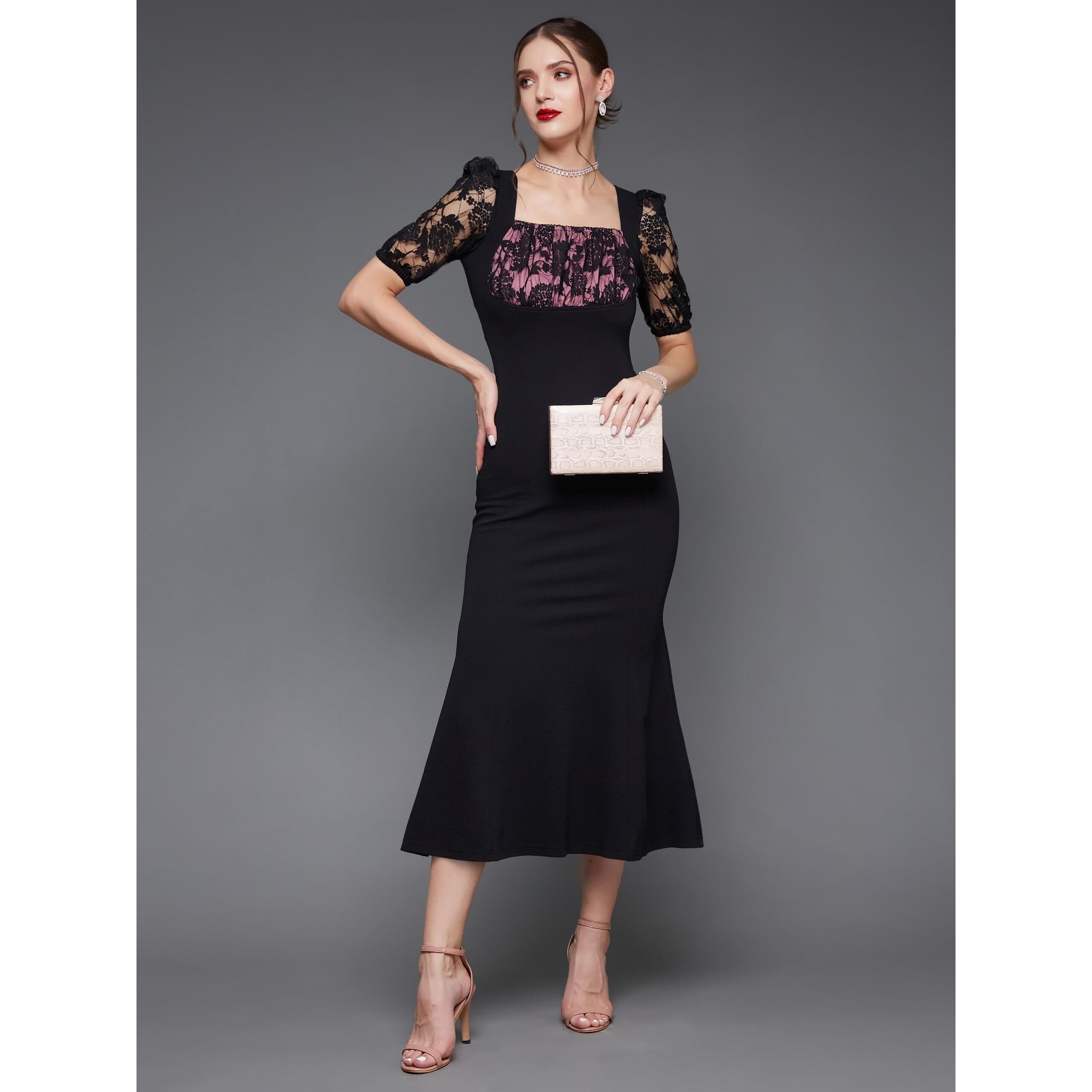 Miss Chase Women's Square Puff Sleeve Solid Lace Overlaid Ankle Length Dress (Mcss23D79-01-62-02, Black, Xs)