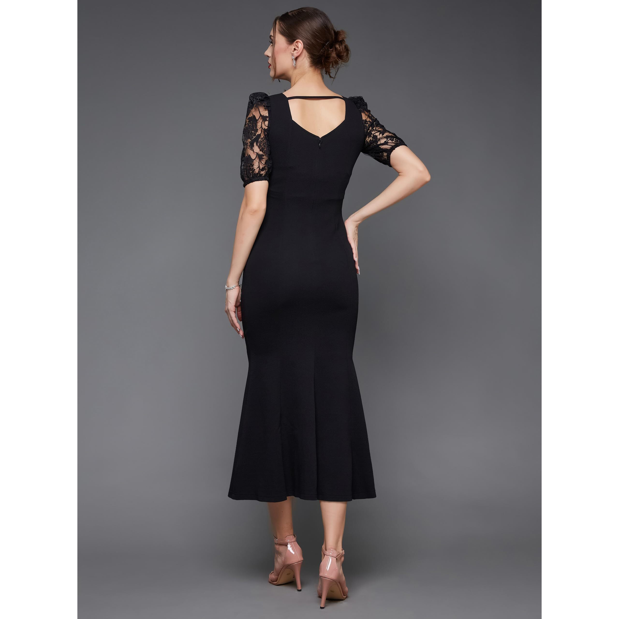 Miss Chase Women's Square Puff Sleeve Solid Lace Overlaid Ankle Length Dress (Mcss23D79-01-62-02, Black, Xs)