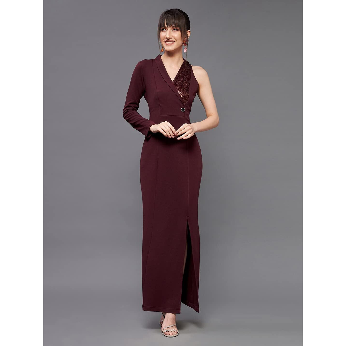 Miss Chase Women's Wine V Neck Asymmetric Sleeve Embellished Blazer Maxi Dress (Mcaw21D13-37-184-06, Wine, Xl)