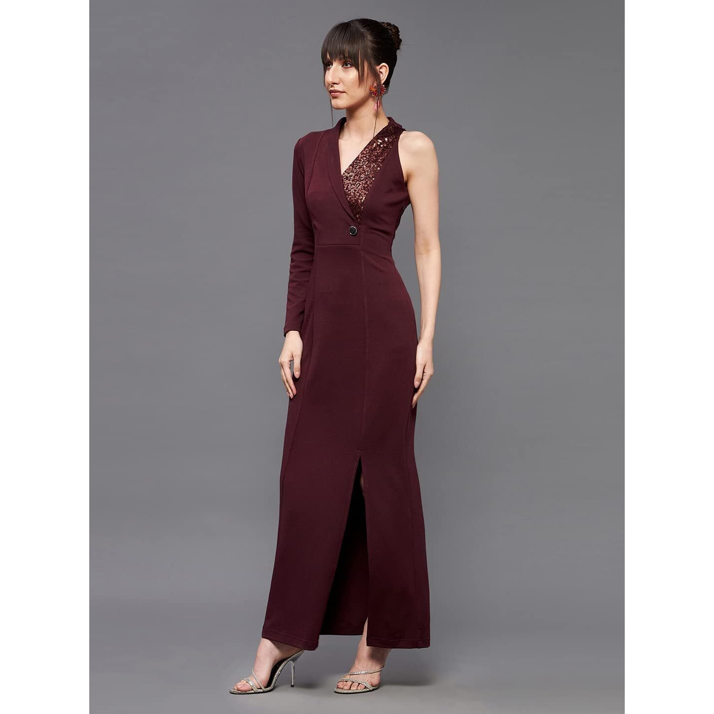 Miss Chase Women's Wine V Neck Asymmetric Sleeve Embellished Blazer Maxi Dress (Mcaw21D13-37-184-06, Wine, Xl)