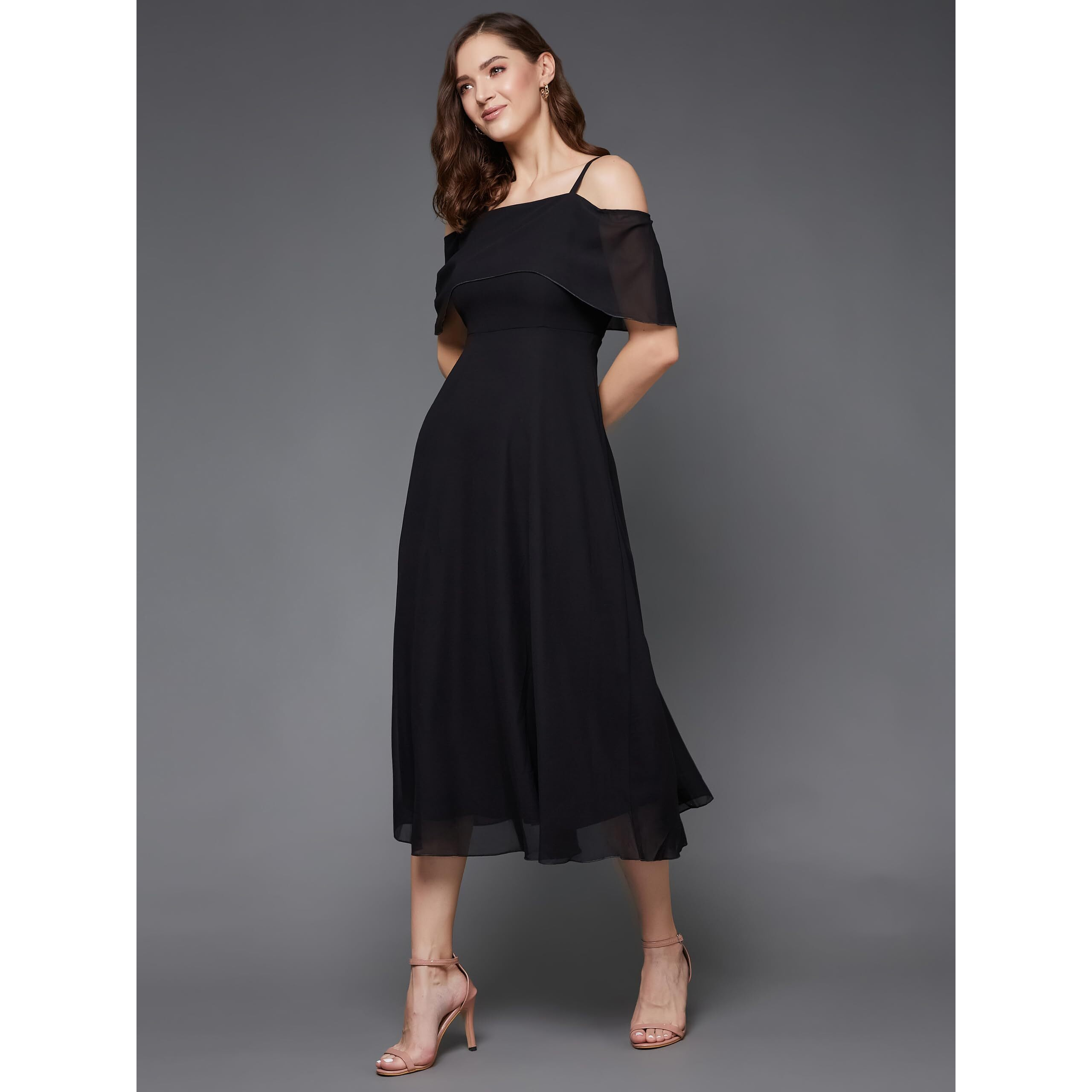 Miss Chase Women's Bardot Style Sleeveless Spaghetti Strap Solid Off Shoulder Midi Skater Dress(Mcss23D98-24-62-04, Black, M)