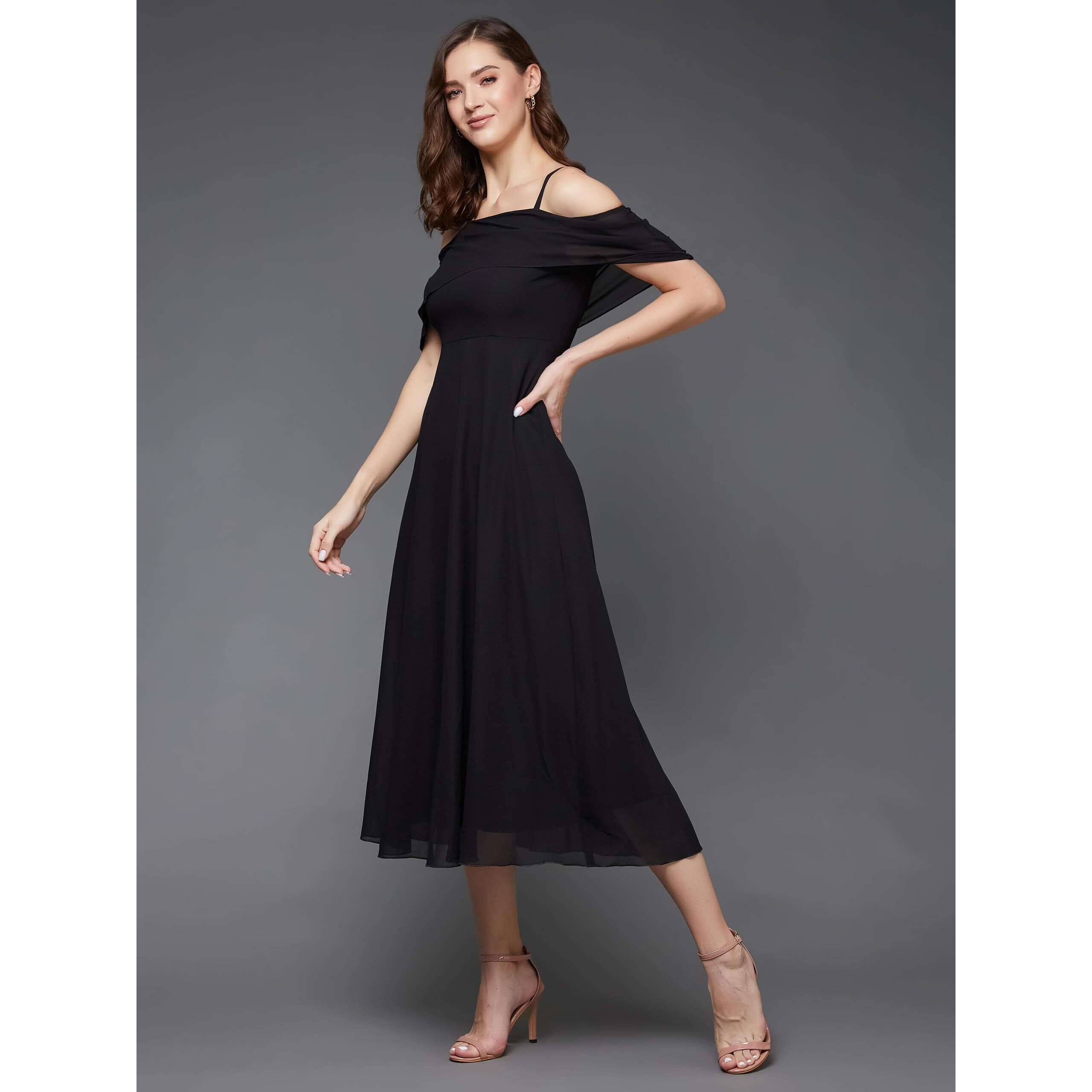 Miss Chase Women's Bardot Style Sleeveless Spaghetti Strap Solid Off Shoulder Midi Skater Dress(Mcss23D98-24-62-04, Black, M)