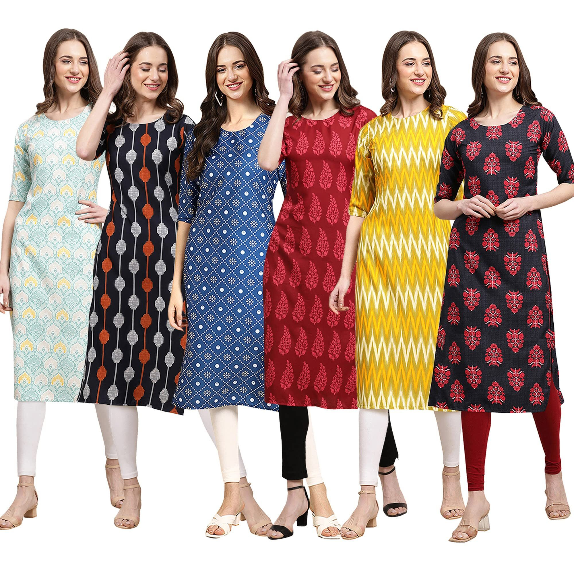 Pinkmint Women's Crepe Digital Print Straight Kurta Pack Of 6 [Cr-343-330-353-337-329-345-M]