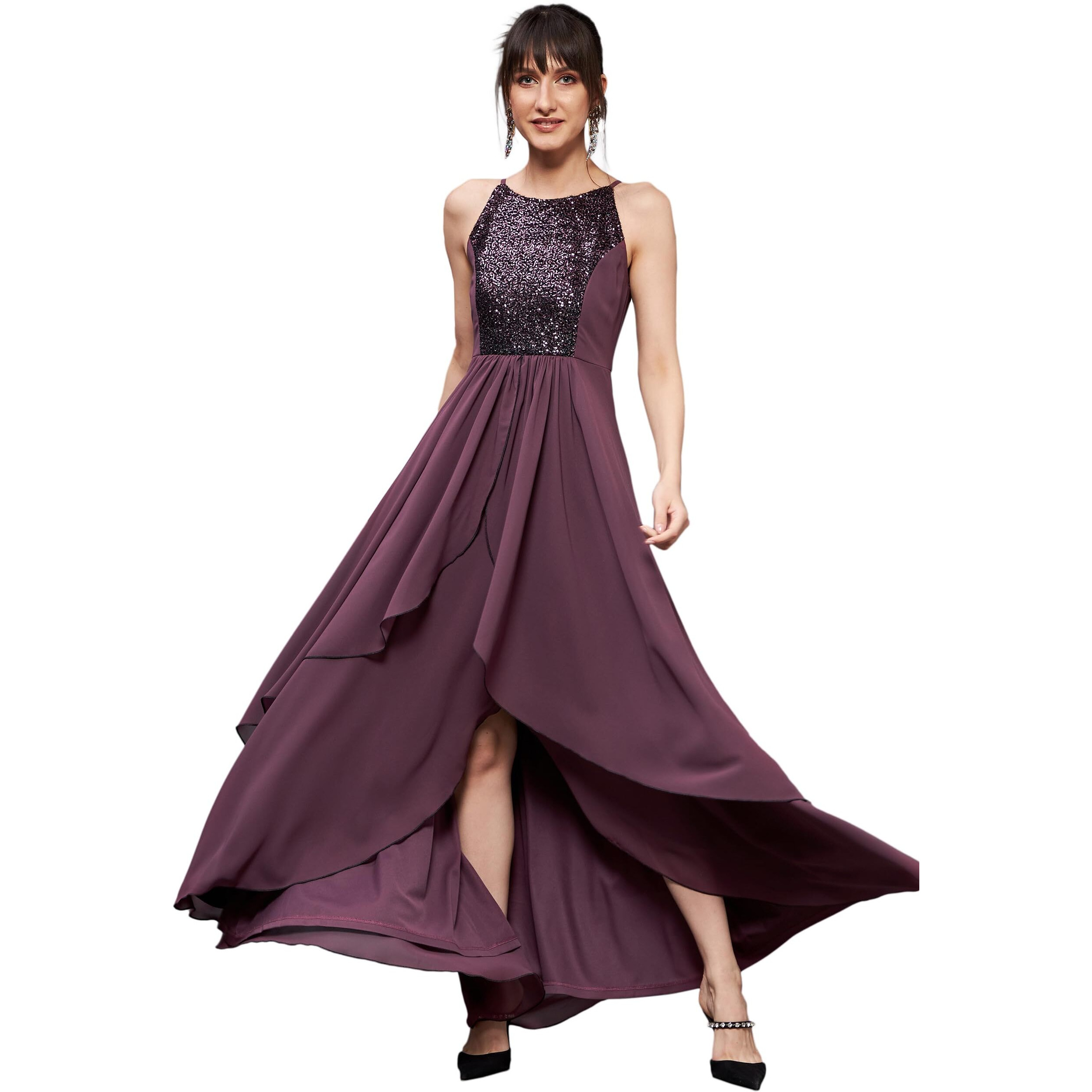 Miss Chase Women's Halter Neck Sleeveless Embellished Layered Maxi Dress (Mcss22D13-69-271-03, Mauve, S)