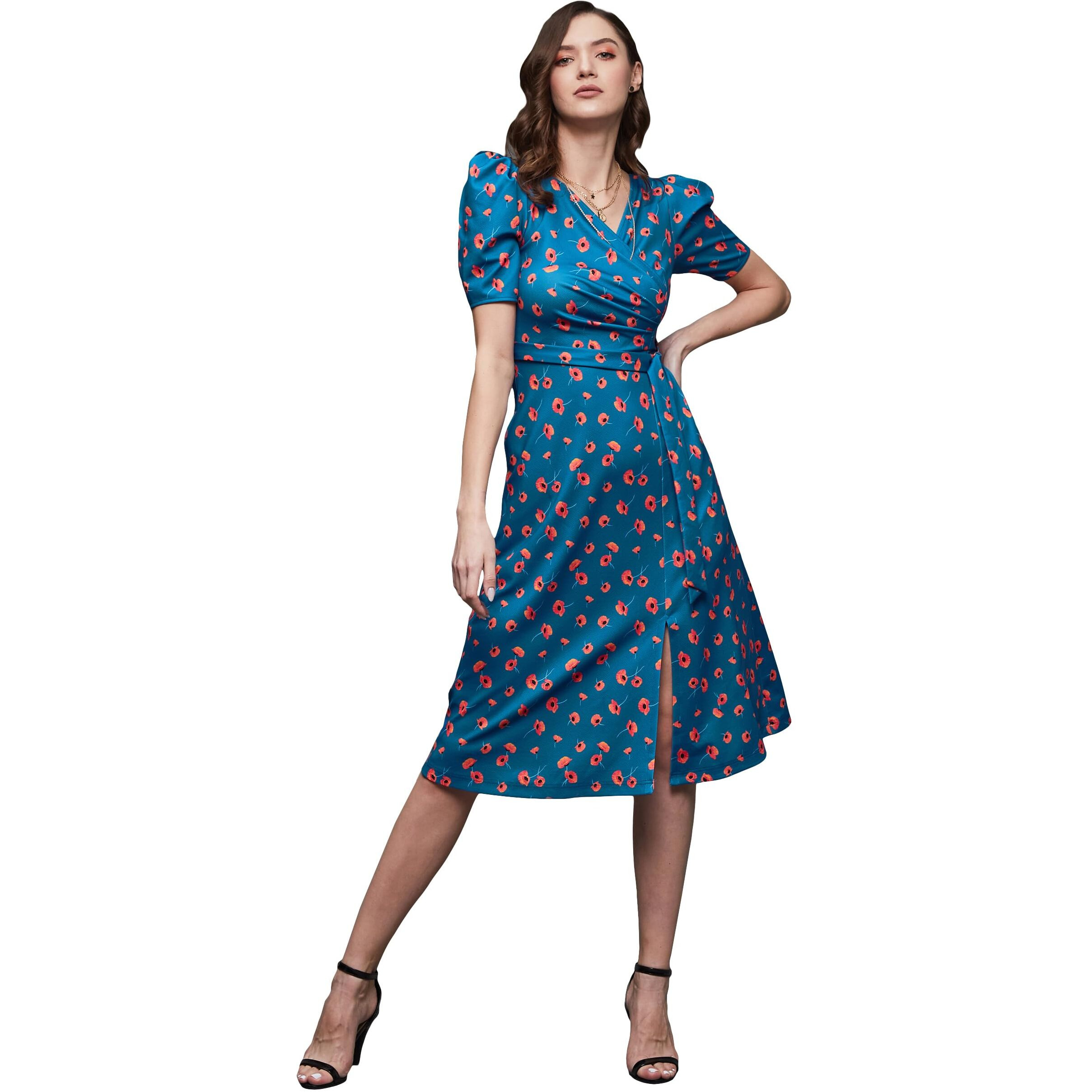 Miss Chase Women's V-Neck Pleated Puff Sleeve Floral Patterned Wrap With Pockets Midi Polyester Dress(Mcss23D98-53-163-02, Blue, Xs)