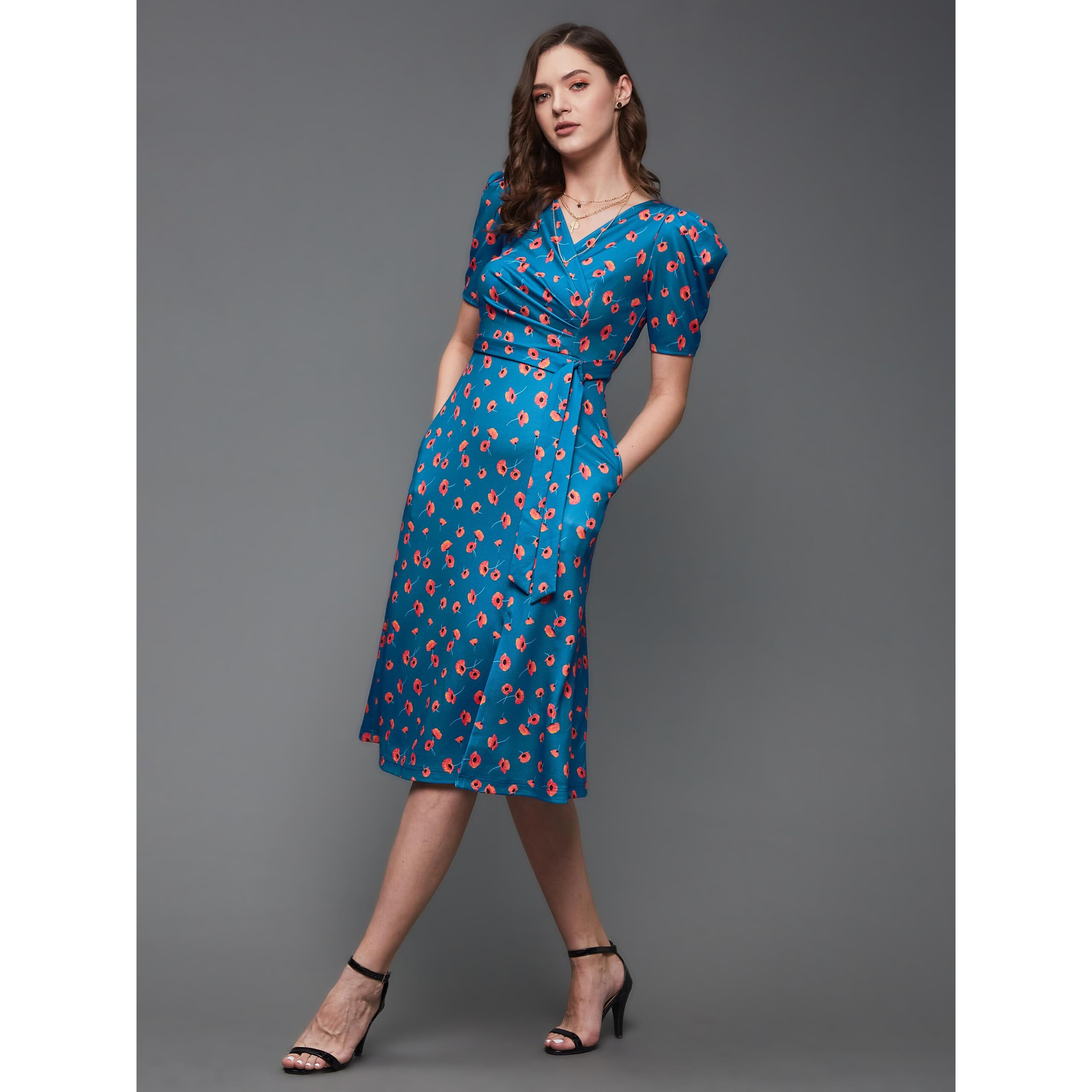 Miss Chase Women's V-Neck Pleated Puff Sleeve Floral Patterned Wrap With Pockets Midi Polyester Dress(Mcss23D98-53-163-02, Blue, Xs)
