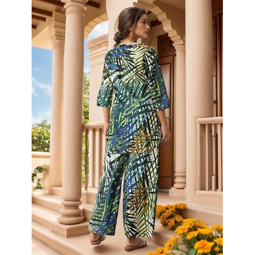Nainvish Women's Blue & Green Printed Straight Rayon Blend Notch Neck Co-Ord Set (Sd724_Kb-M_Blue & Green)