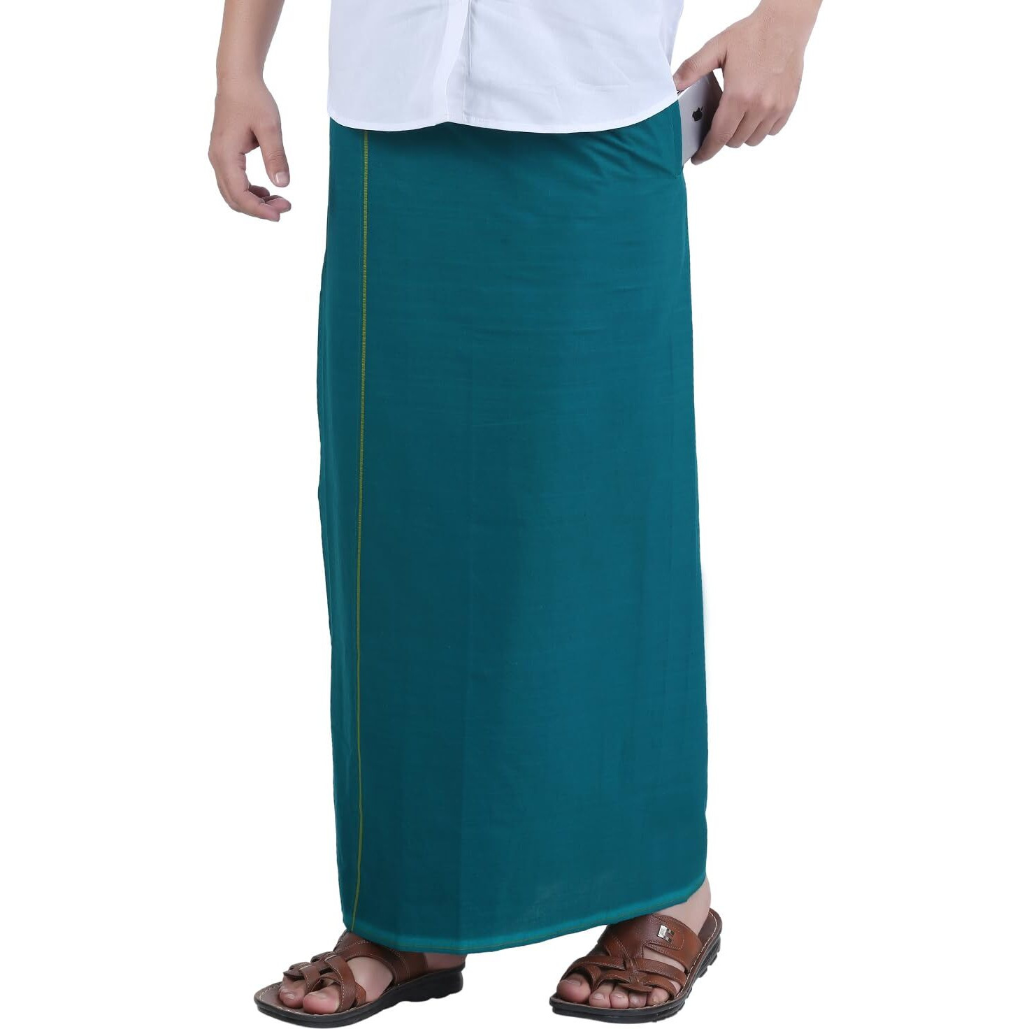 Prakasam Cotton Mens Green Colour Welcro Pocket Single Dhoti (Roja-Green) Size -Large (Hip Size 42 To 46)
