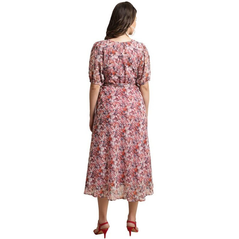 Preneum Women's Maxi Fit & Flare Latest Style Print Georgette Regular Sleeves Casual Summer Maxi | Festival & Occasion, Peach, Xl