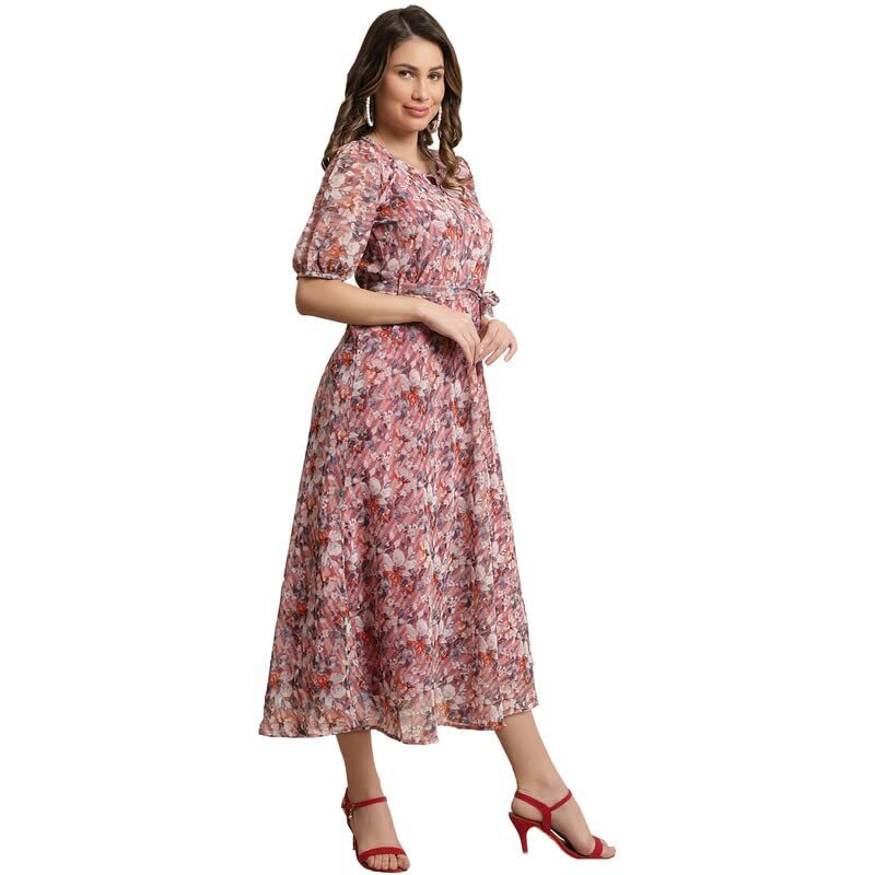 Preneum Women's Maxi Fit & Flare Latest Style Print Georgette Regular Sleeves Casual Summer Maxi | Festival & Occasion, Peach, Xl