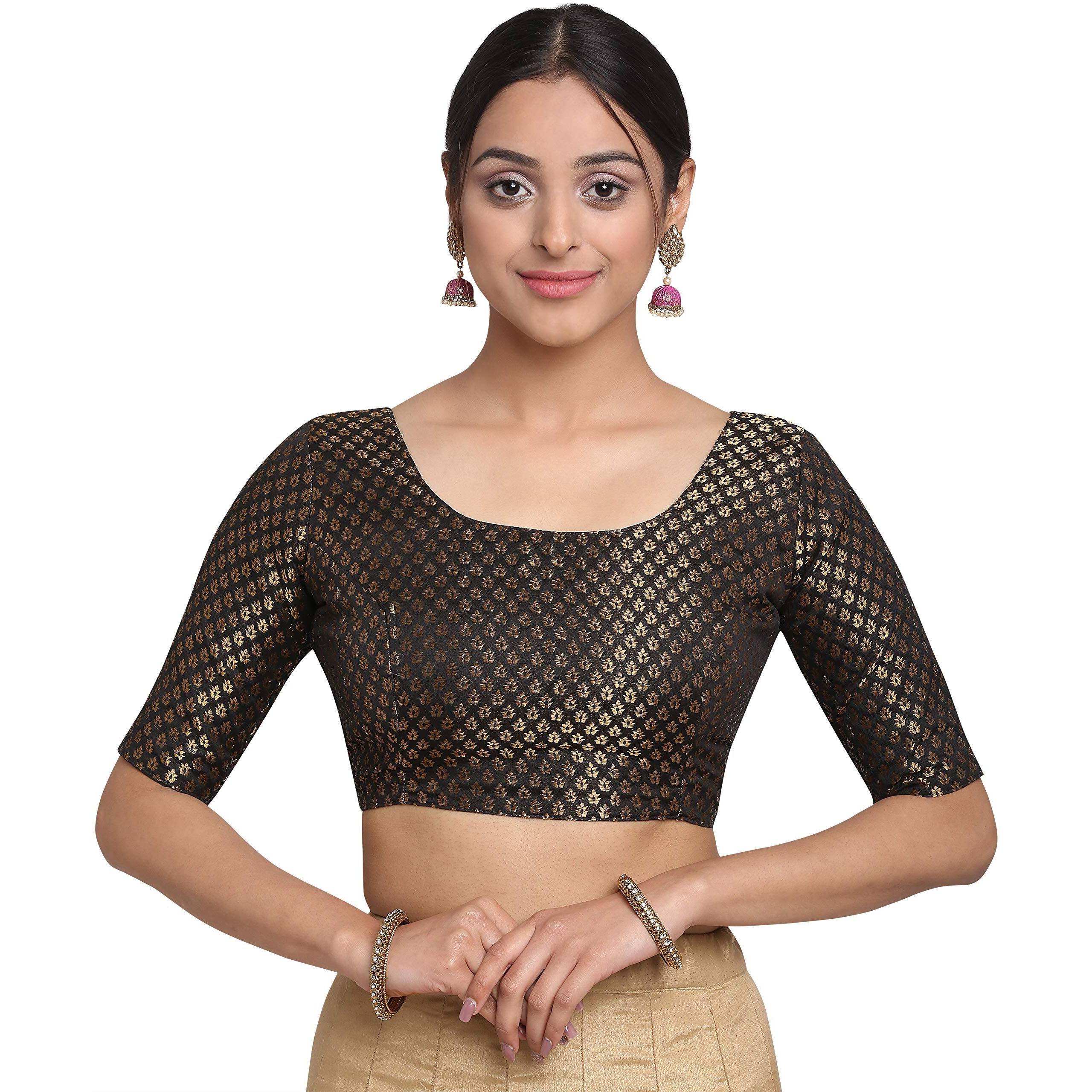 Oomph Women's Art Silk Solid 3/4 Sleeve Saree Blouse (Rbbl14S_Soot Black_S)