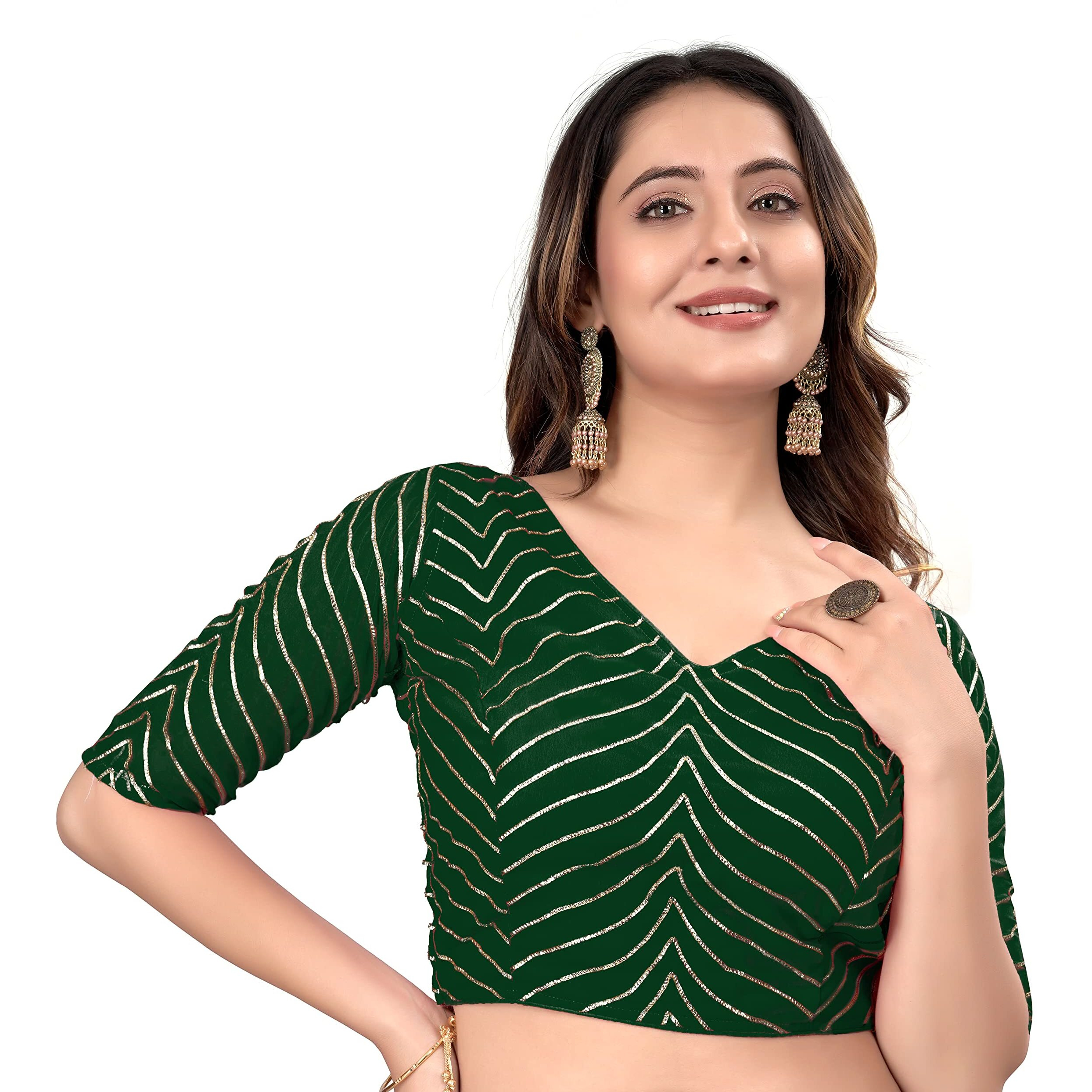 Pujia Mills Womens Fancy Readymade Half Sleeve Georgett Saree Blouse(R Koti 2 Green_38)