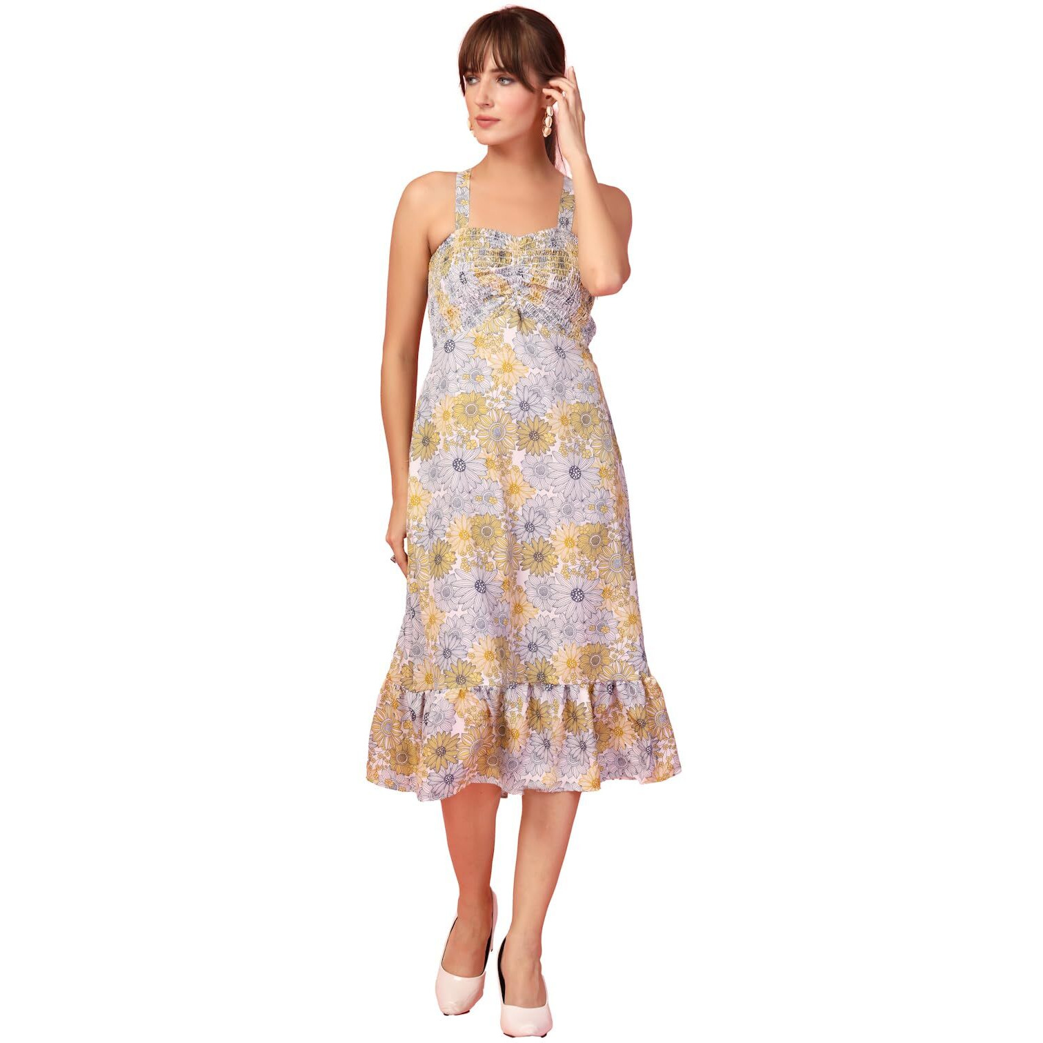 Oomph Women's Western & Fusion Wear Printed Crepe Dress For Women, Smocked Bodice, Yellow - Md1060