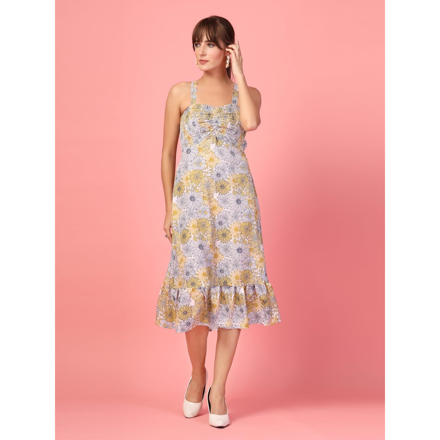 Oomph Women's Western & Fusion Wear Printed Crepe Dress For Women, Smocked Bodice, Yellow - Md1060