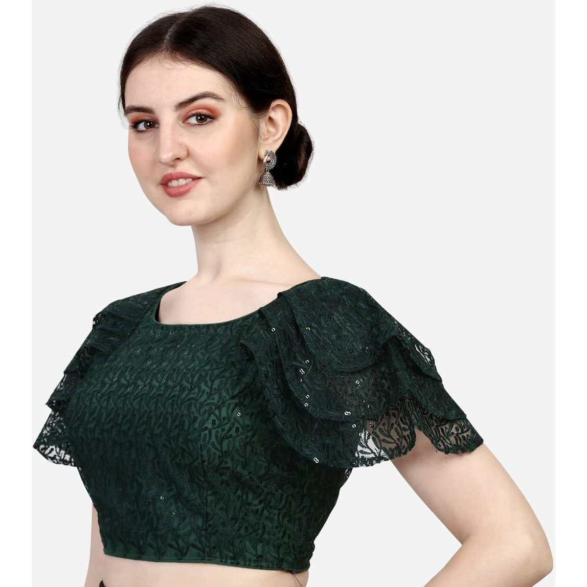 Pujia Mills Women's Shipali Net Work Ruffle Sleeves Readymade Saree Blouse