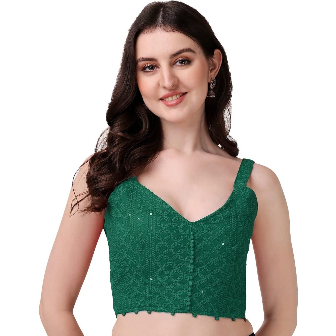 Pujia Mills Women's Embroidery Sleeveless Blouse (Lakhnavi 4_Dark Green_38)