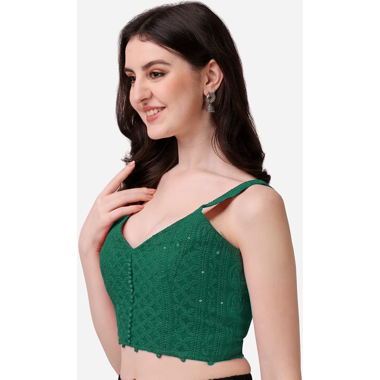 Pujia Mills Women's Embroidery Sleeveless Blouse (Lakhnavi 4_Dark Green_38)