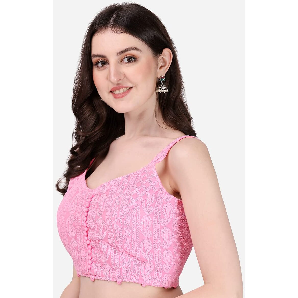 Pujia Mills Women's Georgette Embroidery Sleeveless Blouse (Lakhnavi 4 Pink_Pink_38)